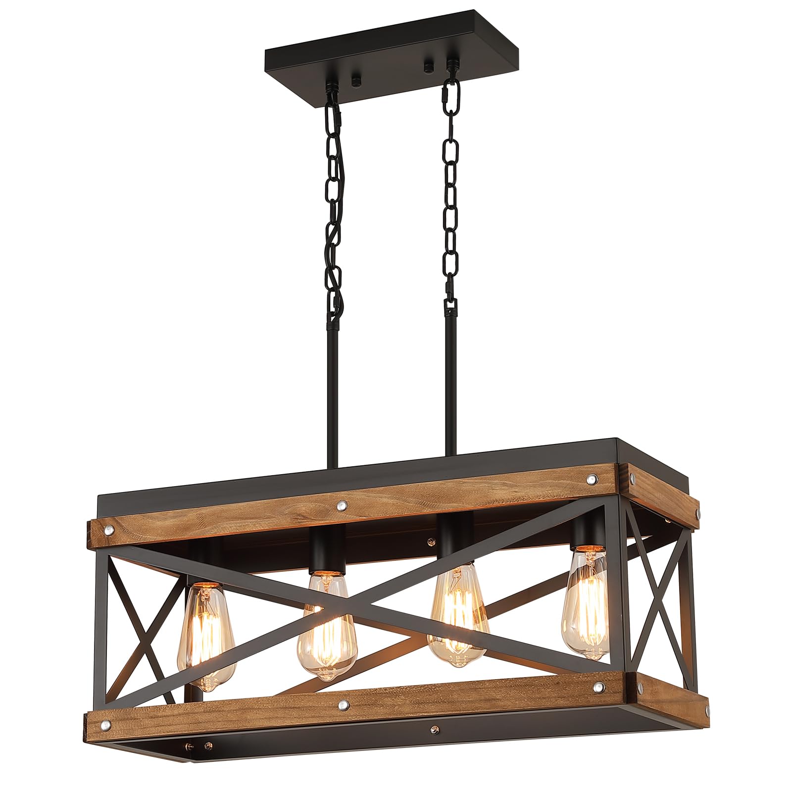 2 Pack Rustic Farmhouse Wood Pendant Light Fixture One-Light Adjustable Chain Oak Wood and Metal Lantern Cage Small Pendant Lighting for Kitchen Island Sink Hallway Farmhouse Bathroom Bar, Black
