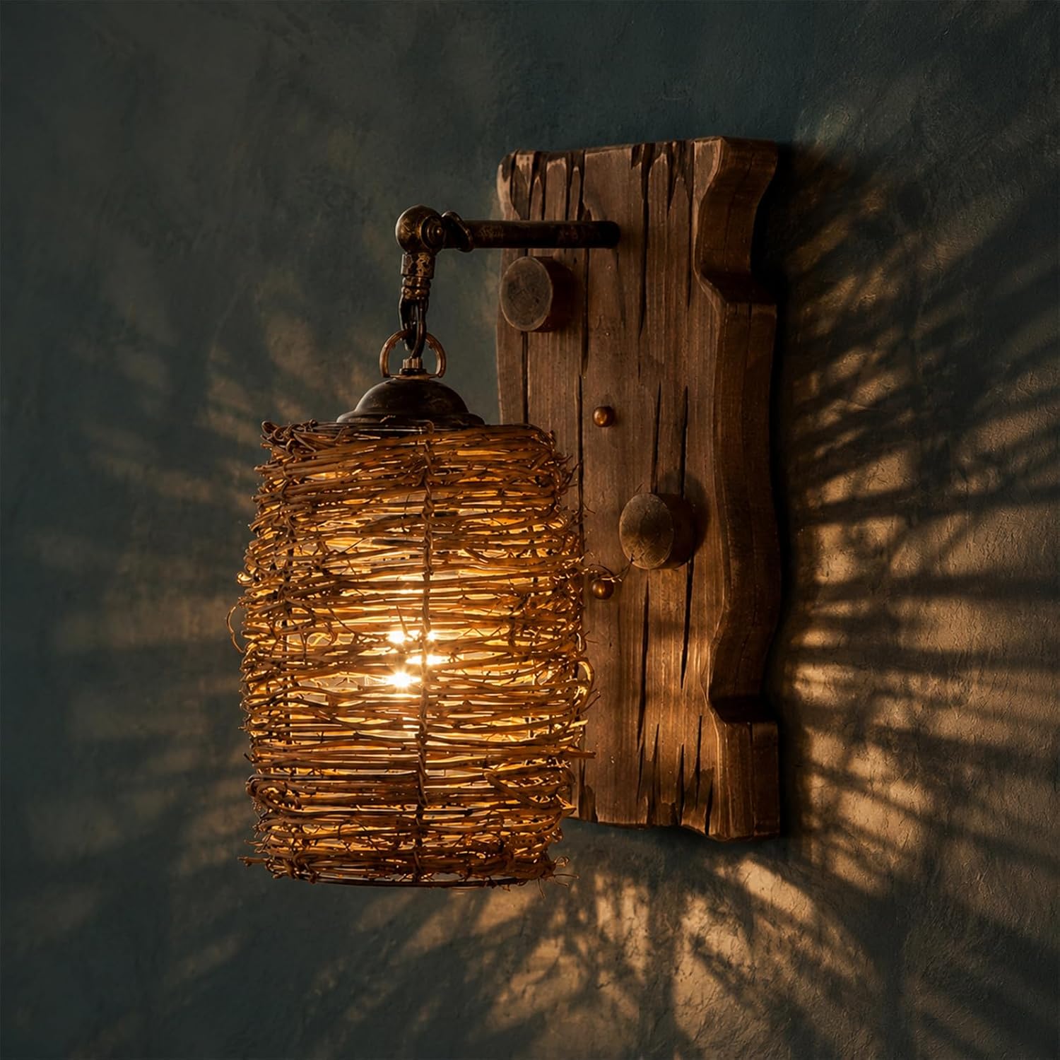Bofea-Vintage Industrial Wall Sconces,Rustic Farmhouse Wood Hardwired Wall Lamp with Rattan Shade,Mid Century Rattan Wall Lights for Living Room Hallway,Porch Corridor Decorate