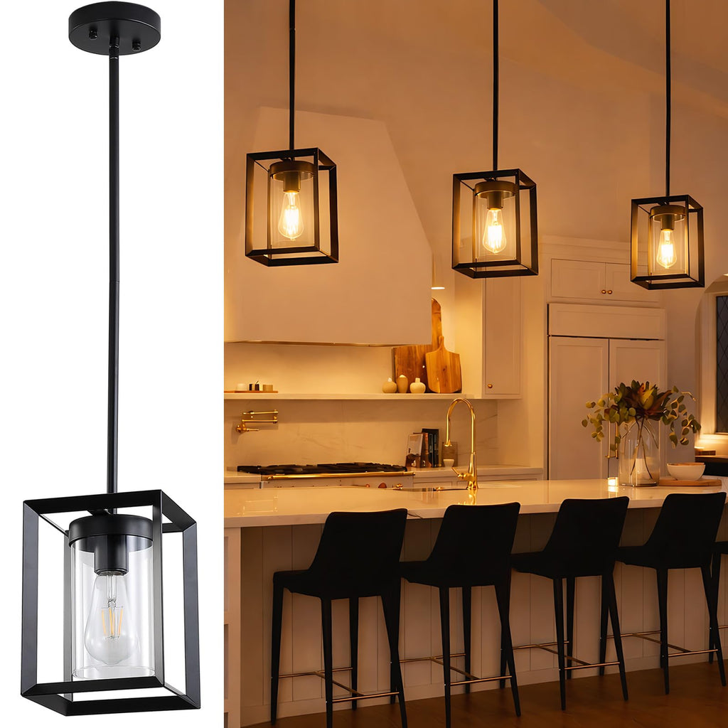 2 Pack Farmhouse Black Kitchen Island Pendant Light Fixtures,Height Adjustable Metal Rod Hanging Modern Pendant Lighting with Metal Cage and Clear Glass Shade for Entryway Bedroom