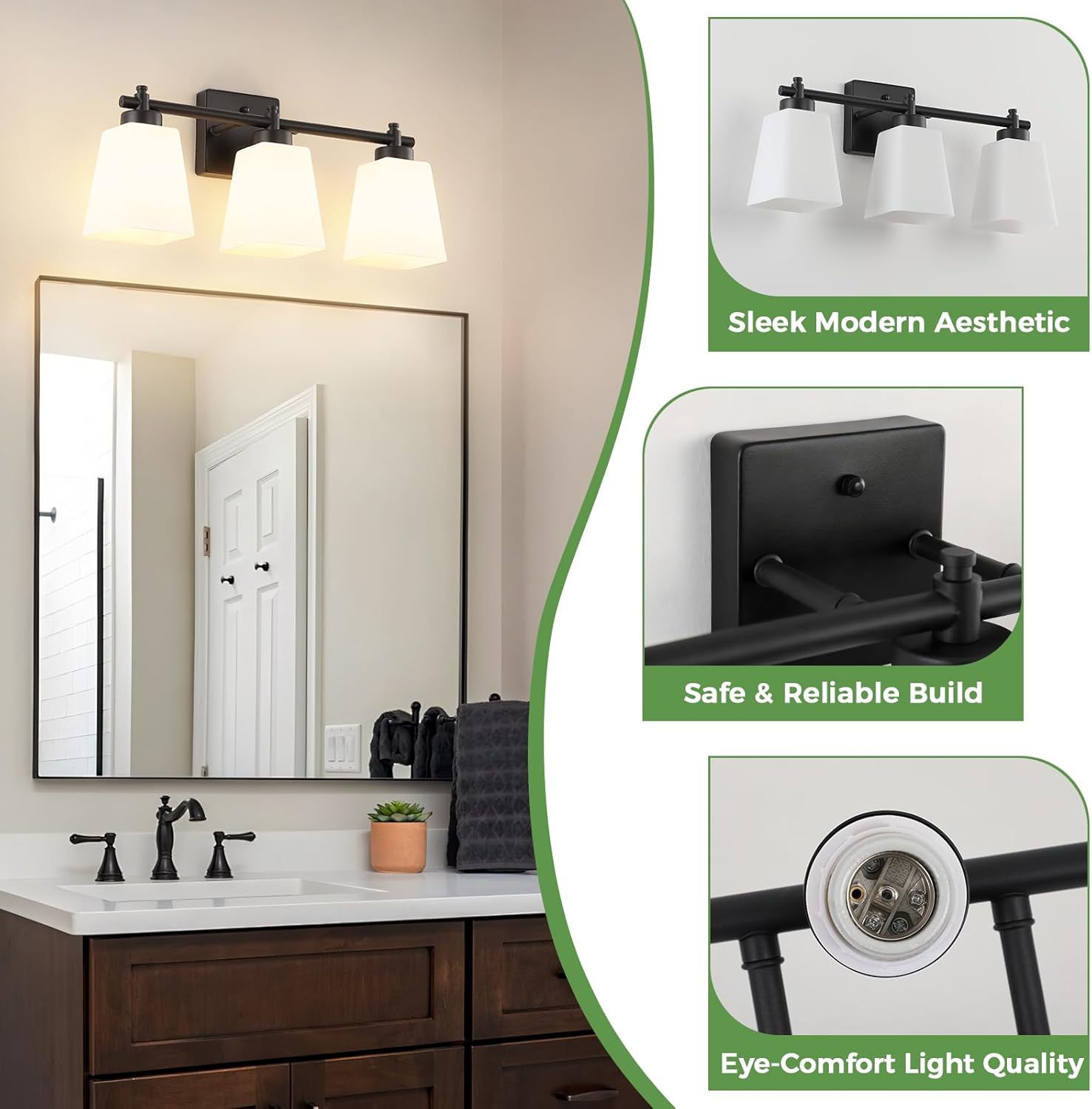 3-Light Bathroom Light Fixtures, 20" Black Modern Vanity Lights with Glass Shade, Bathroom Wall Lamp for Mirror Kitchen Living Room Hallway Porch (Matte Black, 3-Light)