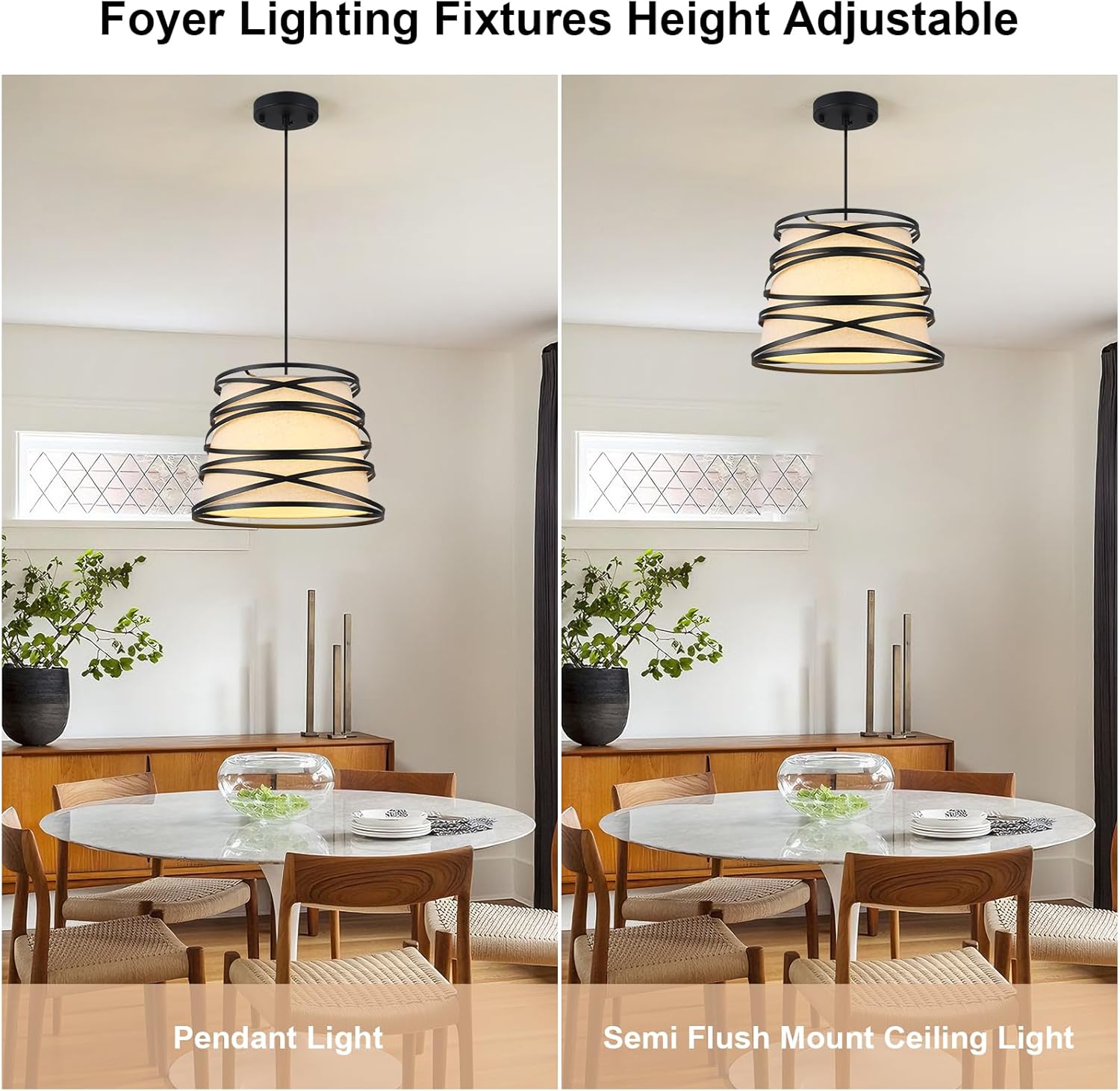 Modern Drum Pendant Light with Black Metal Cage & Cream Fabric Shade, Industrial Farmhouse Hanging Light Fixture for Kitchen Island, Dining Room, Living Room, Hallway