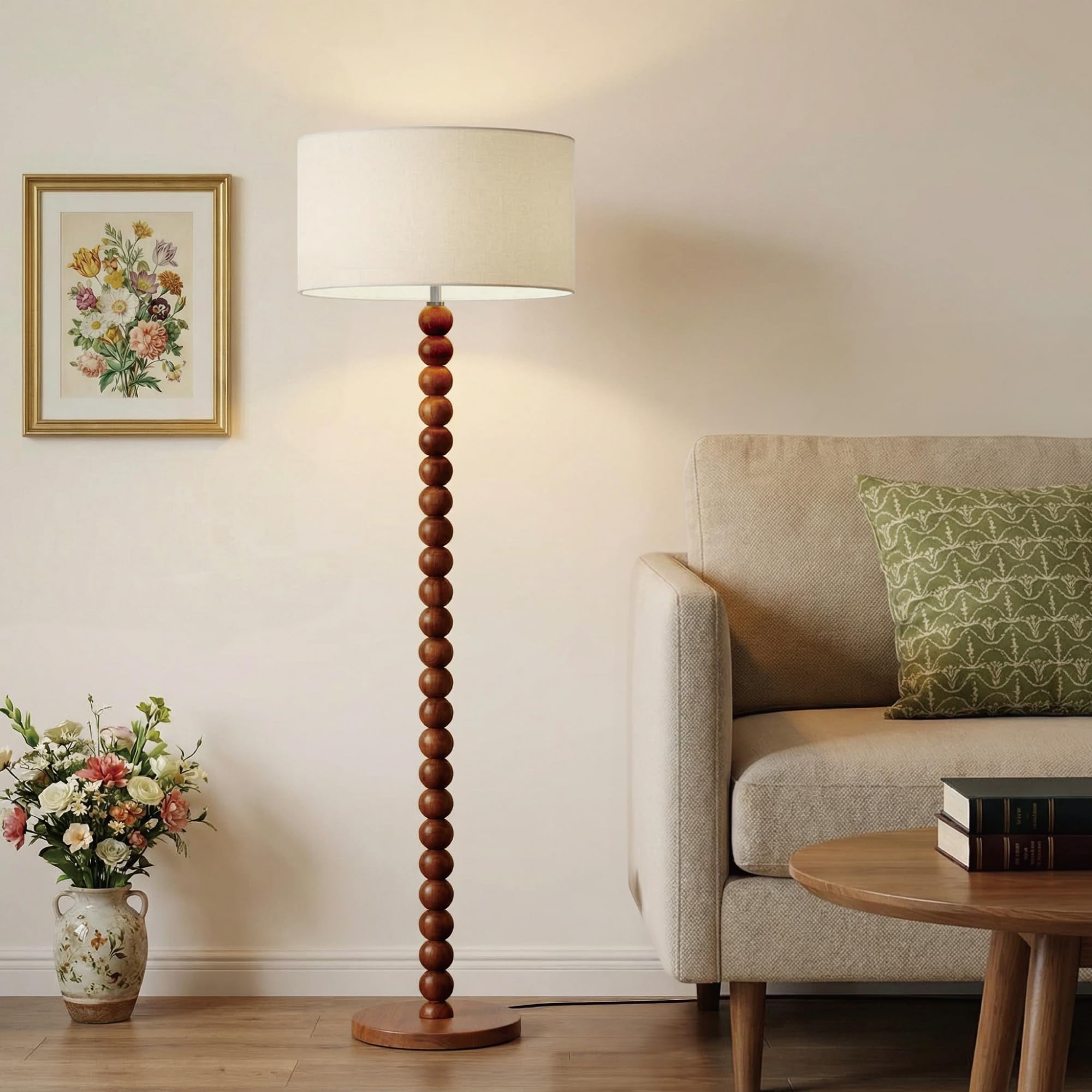 Buruis 61" Beaded Wood Floor Lamp with 17.2" Large Linen Shade, Retro Mid-Century Accent Walnut Finish Standing Lamp for Living Room, Bedroom, Office, Corner, UL Listed, Bulb Not Included, Green