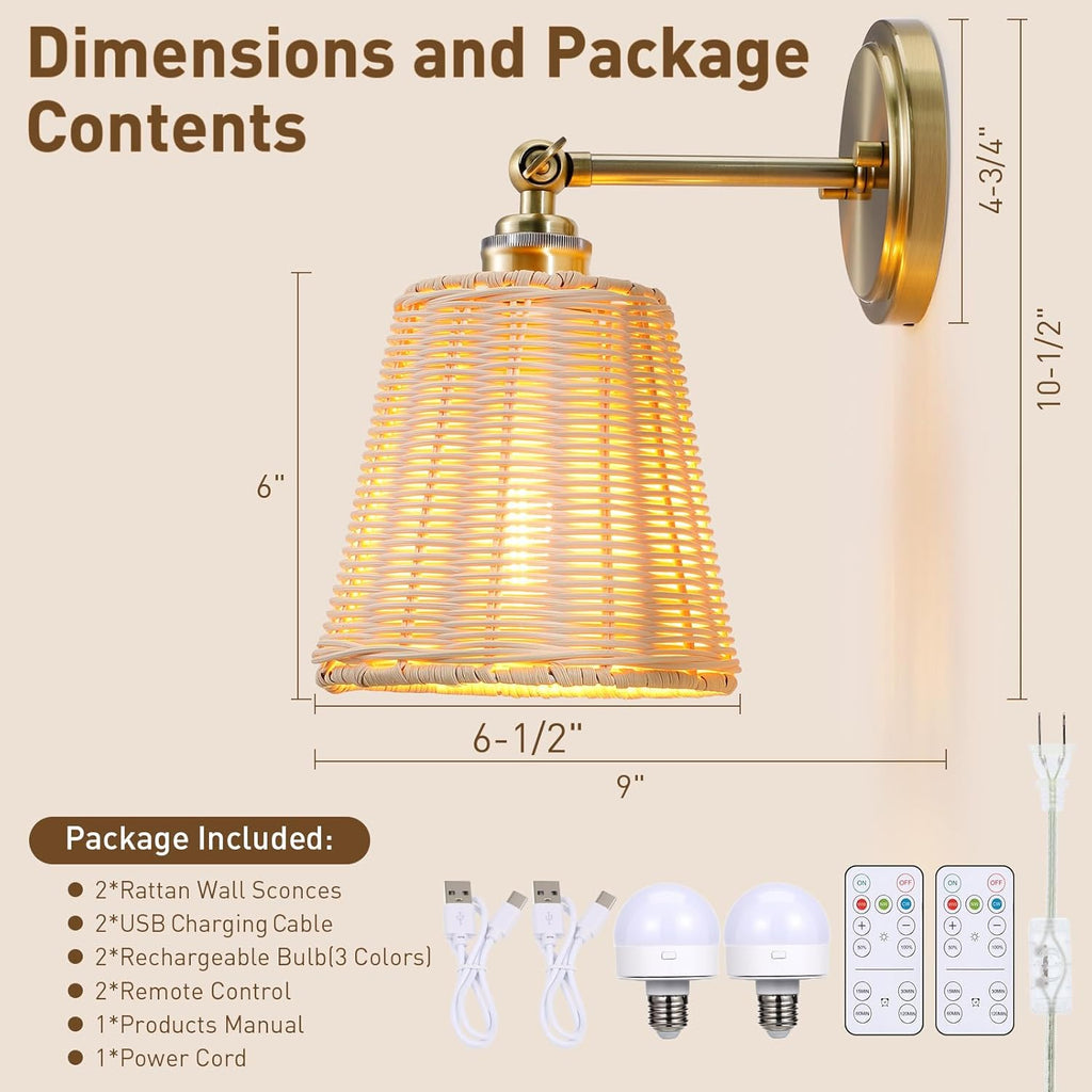 Rattan Battery Operated Wall Sconce Set of Two, Hand-Woven Wicker Lampshade, Rechargeable Wall Lights for Bedroom with Remote, Dimmable Bulb Plug-in or Hardwire Wall Sconces for Hallway Living Room