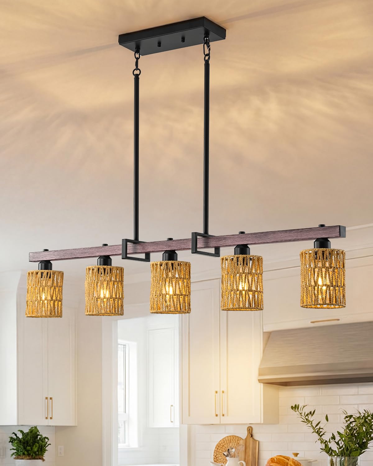 Industrial Pendant Light Fixture, 3-Light Kitchen Island Lighting with Wood Grain Bar and Black Metal Cage, Farmhouse Rustic Hanging Ceiling Lamp for Dining Room, Living Room