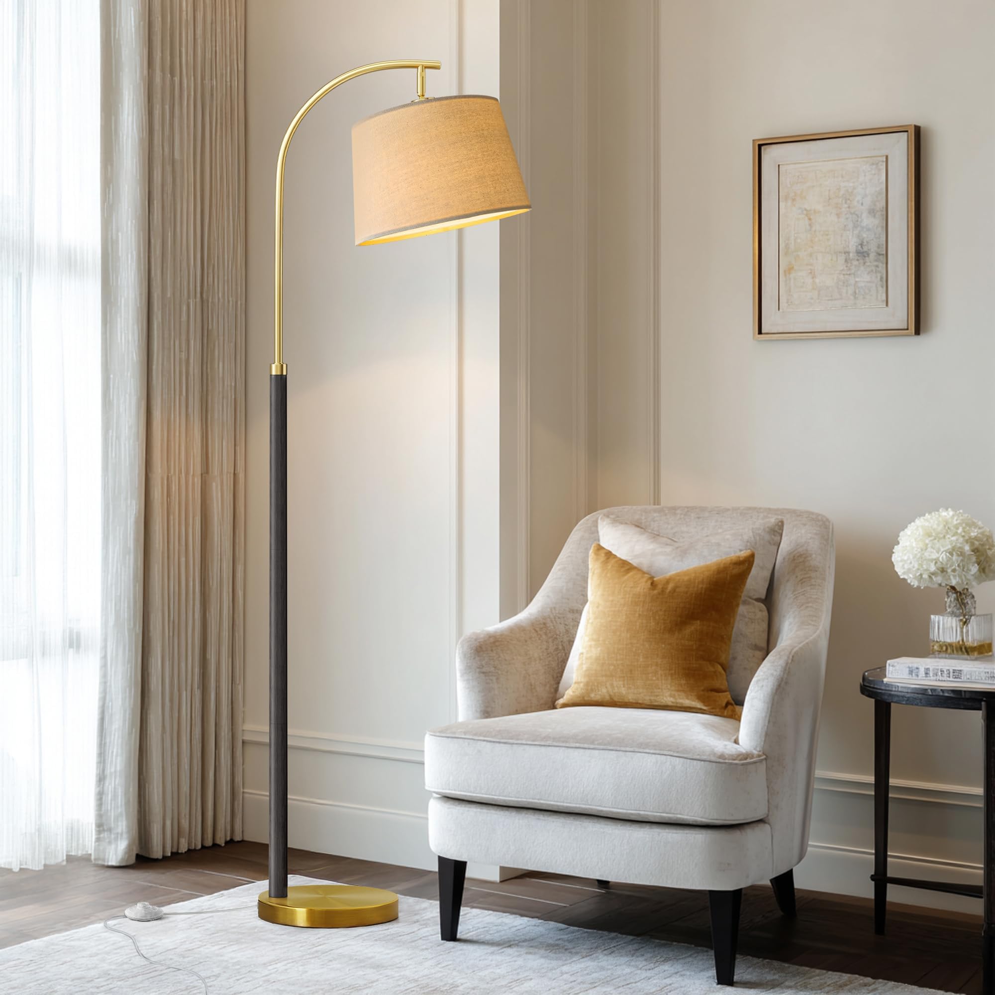 G-SAFAVA Real Wood Floor Lamps for Living Room Bedroom, 62.5" Mid Century Modern Lamp Gold Standing Tall Arc Lamps with Foot Switch, Floor Lamps for Nursery Office Decor Corner Reading Room Light