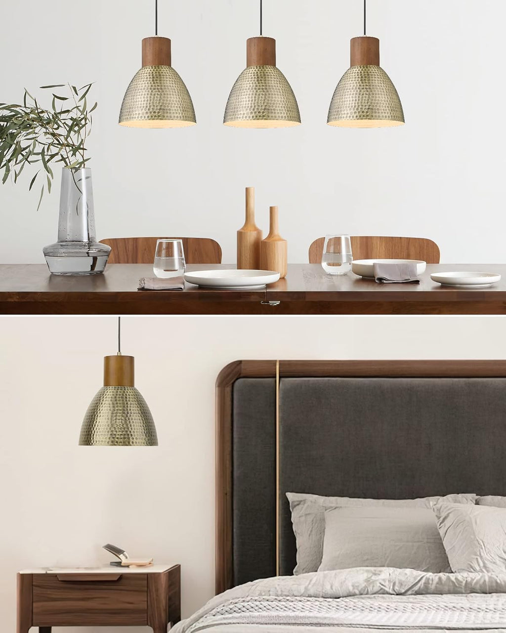 ELYONA Vintage Hammered Pendant Light Fixture, 7” Small Brushed Brass Metal Hanging Light Solid Wood Antique Gold Pendant Lamp for Kitchen Island, Farmhouse, Dining Room, Adjustable Height