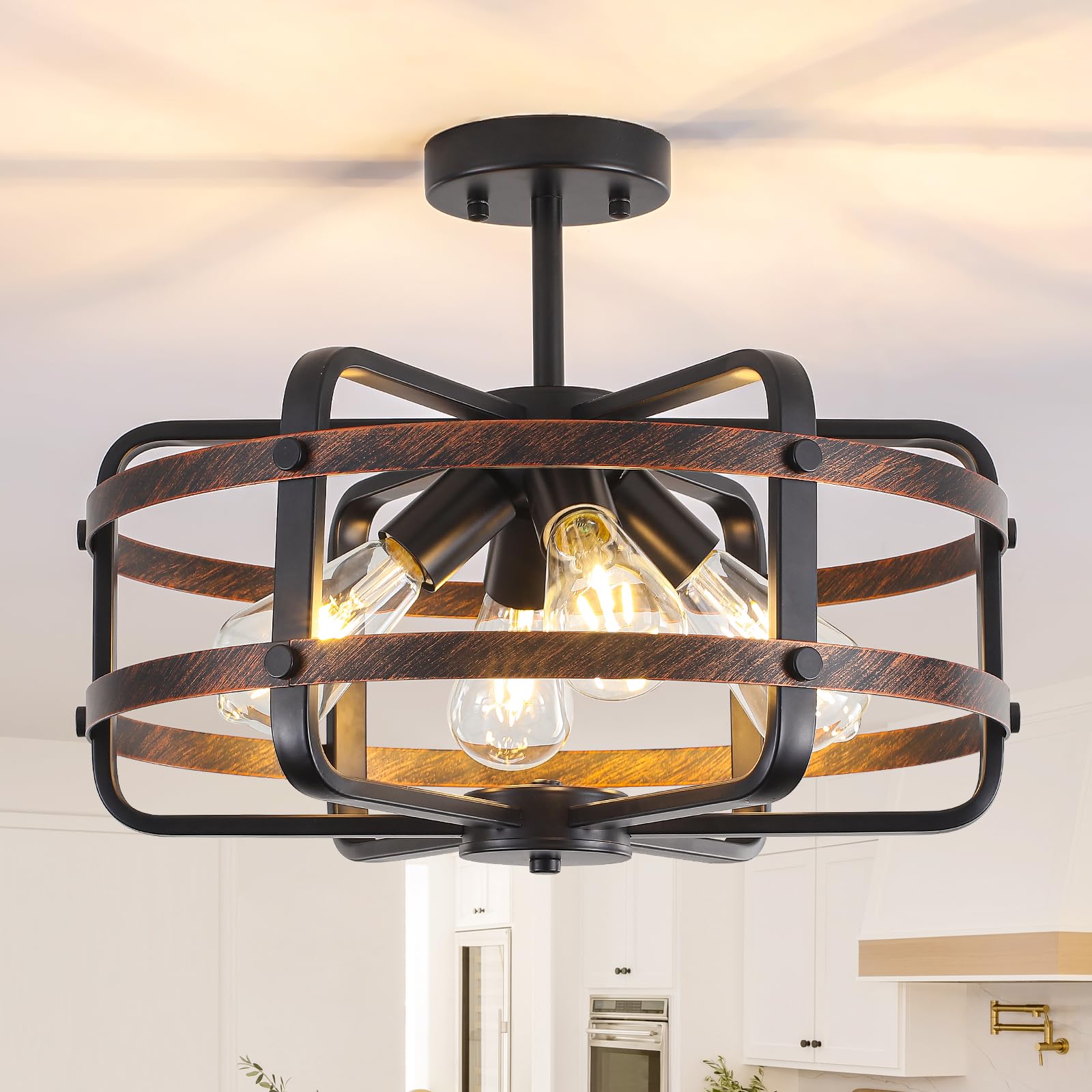 17.71" 4-Light Black Cage Chandelier, Modern Farmhouse Industrial Pendant Light for Dining Kitchen