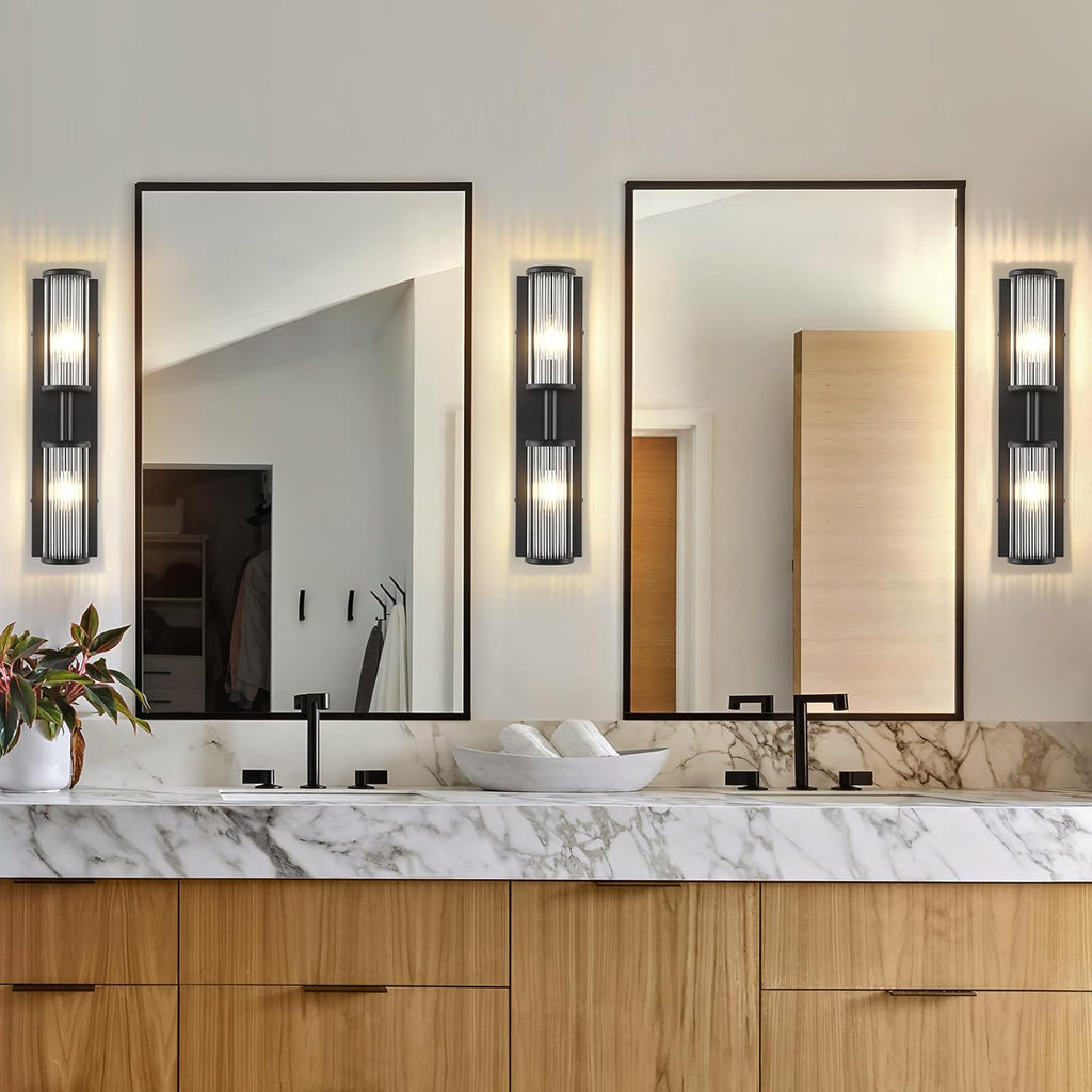 2-Light Modern Vanity Wall Lamp in Matte Black, Industrial Bathroom Lighting with Glass Rod Shades, Adjustable Modern Mirror Lights for Bedroom & Bathroom, Wall Sconce for Makeup Vanity