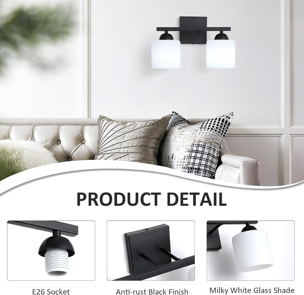 Matte Black 2-Light Bathroom Vanity Light, Glass Shade Wall Sconce