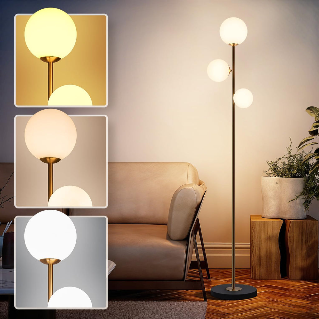Gold 3-Globe Glass Floor Lamp, Modern LED Standing Lamp for Home