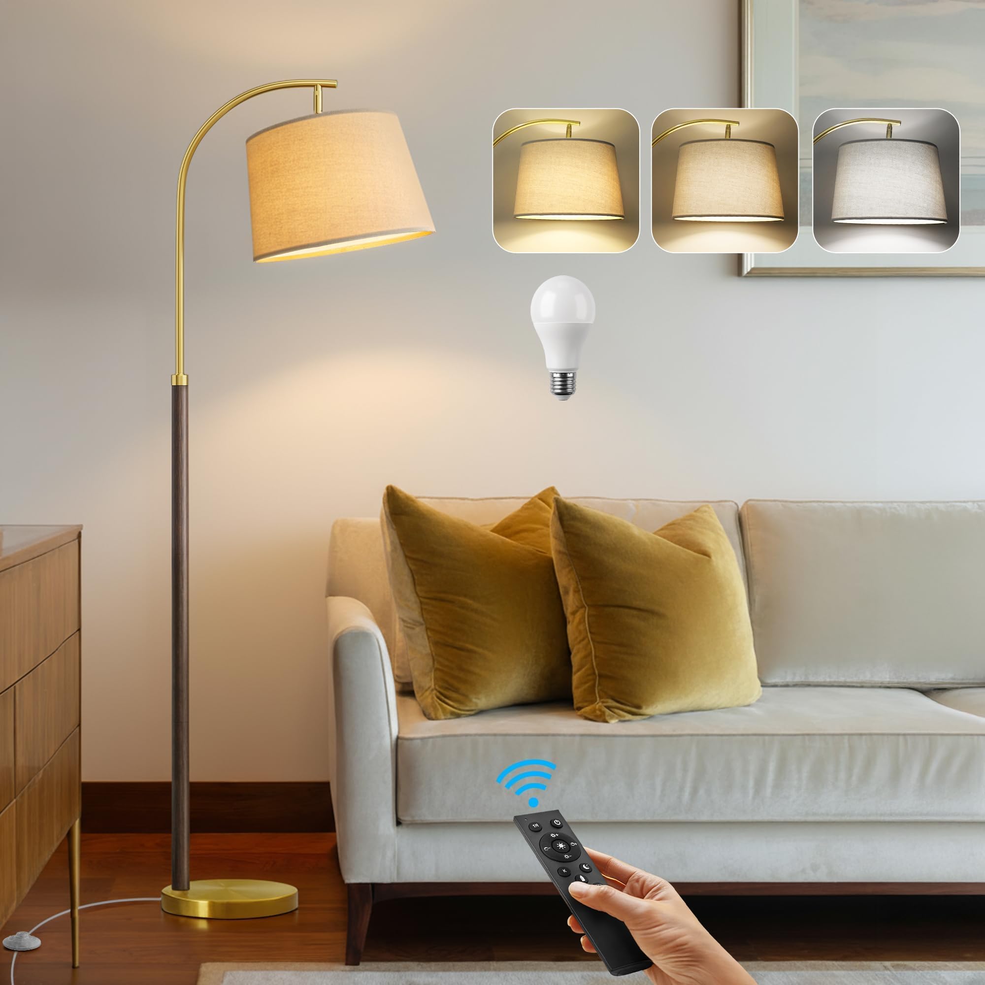 G-SAFAVA Real Wood Floor Lamps for Living Room Bedroom, 62.5" Mid Century Modern Lamp Gold Standing Tall Arc Lamps with Foot Switch, Floor Lamps for Nursery Office Decor Corner Reading Room Light