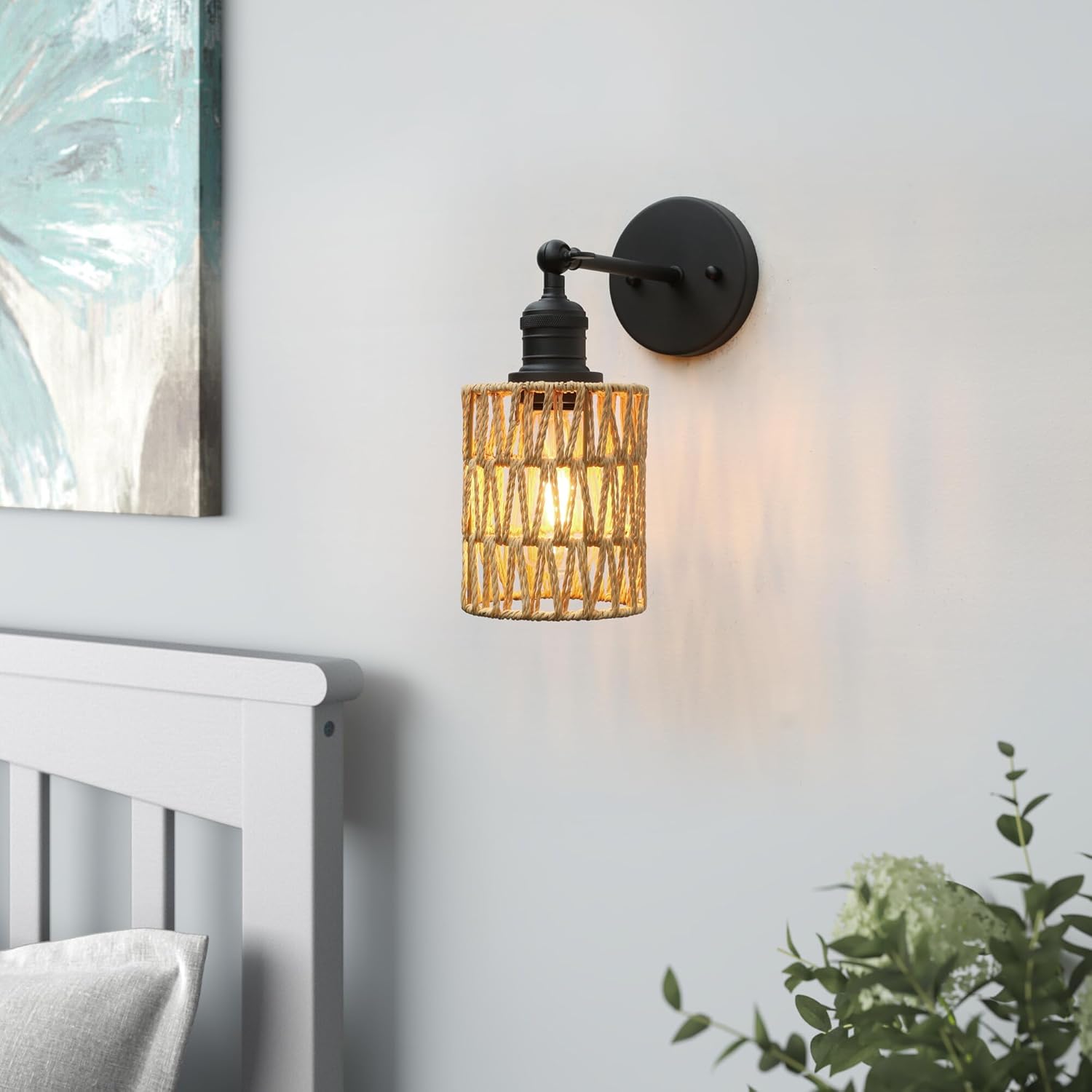 Yosoan Rattan Boho Wrapped Wall Sconce Light, Indoor Hardwired Hand-Woven Farmhouse Vintage Wall Lamps, Brass Handmade Braided Rope Small Straight Shade Wall Mount Fixture for Reading Hallway(Black)