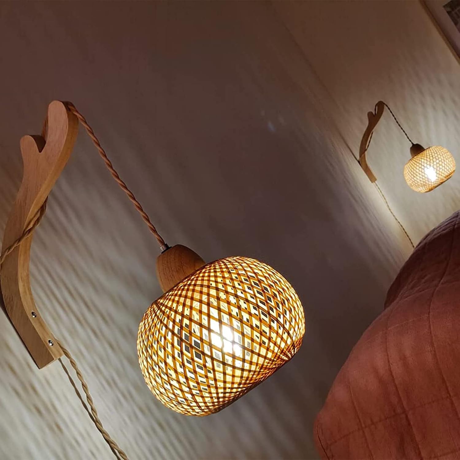 Frideko Bamboo Lantern Plug in Wall Sconces Wicker Wall Lamp with Plug in Cord Hand Woven Rattan Wall Light Farmhouse Rustic Wall Sconces Boho Sconces Wall Lighting for Living Room Bedroom