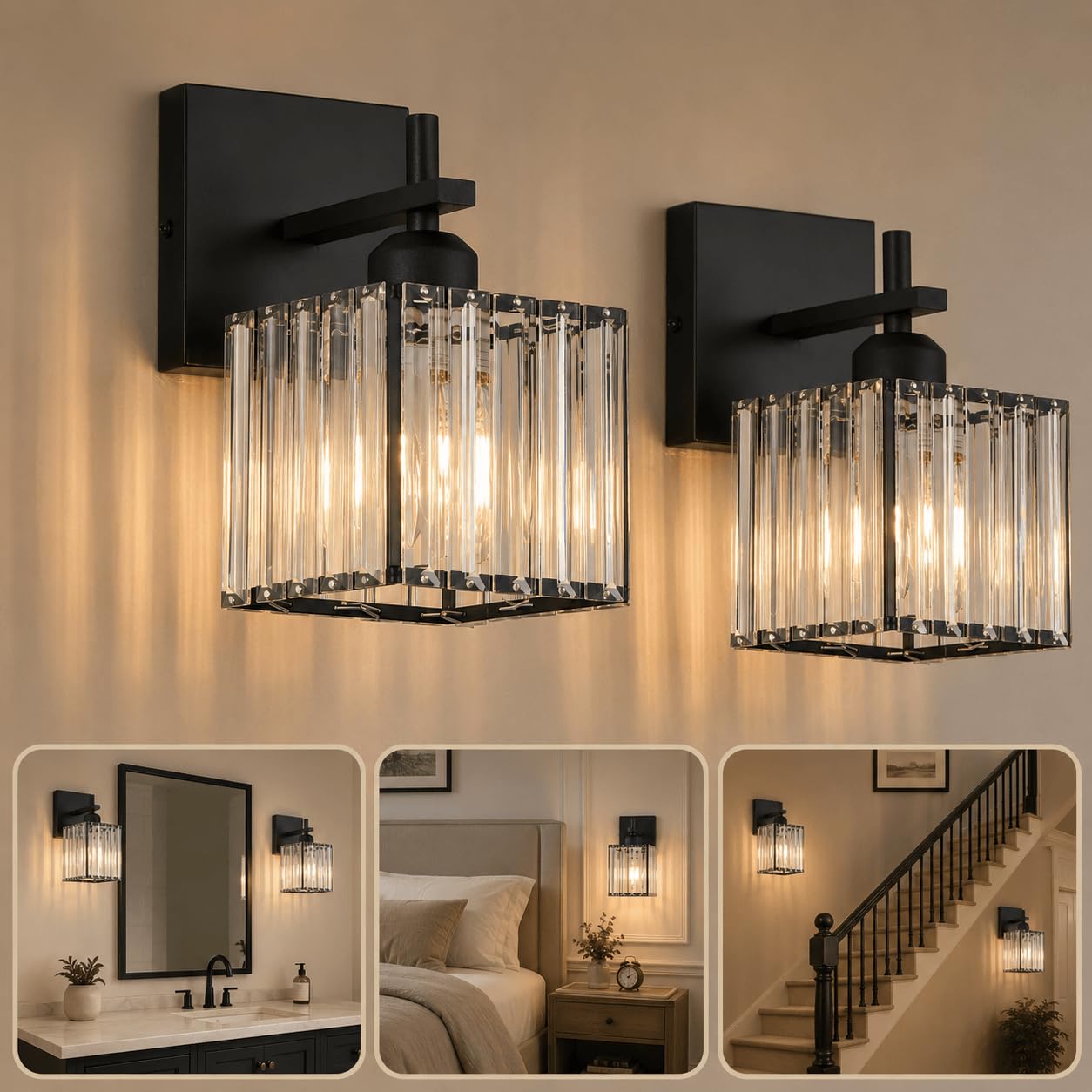 Modern Crystal Bathroom Vanity Lights, 3-Lights Matte Black Bathroom Light Fixtures Over Mirror,Wall Lamp for Living Room Hallway Cabinet