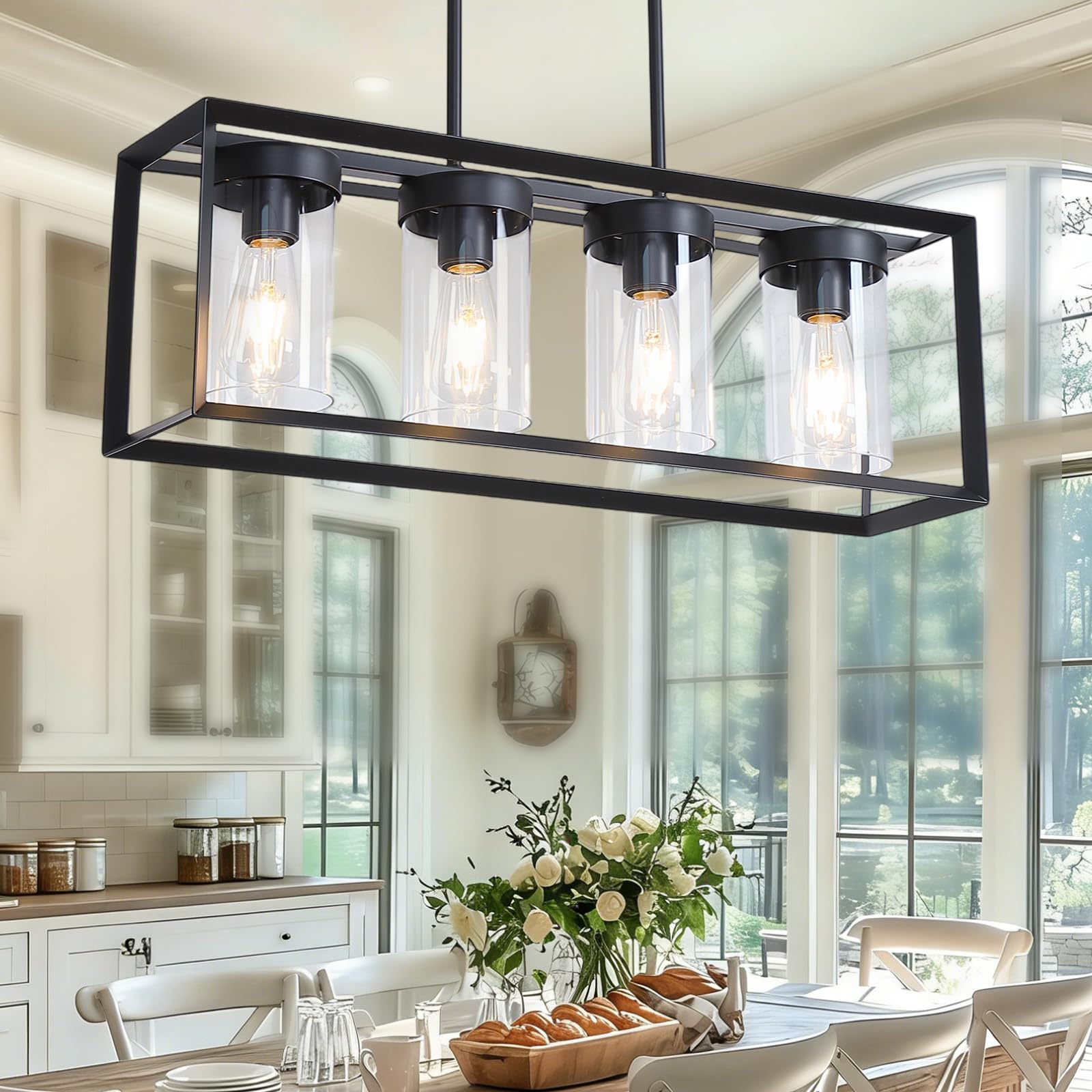 2 Pack Farmhouse Black Kitchen Island Pendant Light Fixtures,Height Adjustable Metal Rod Hanging Modern Pendant Lighting with Metal Cage and Clear Glass Shade for Entryway Bedroom