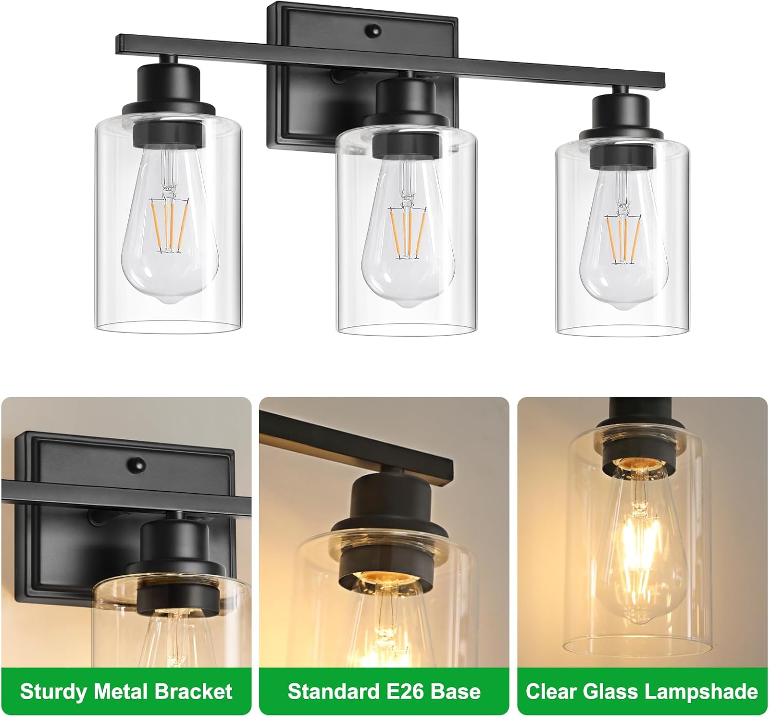 Unicozin 3 Light Bathroom Light Fixtures, Modern Vanity Lights Over Mirror, Black Wall Lamp with Clear Glass for Living Room Cabinet Bedroom Porch