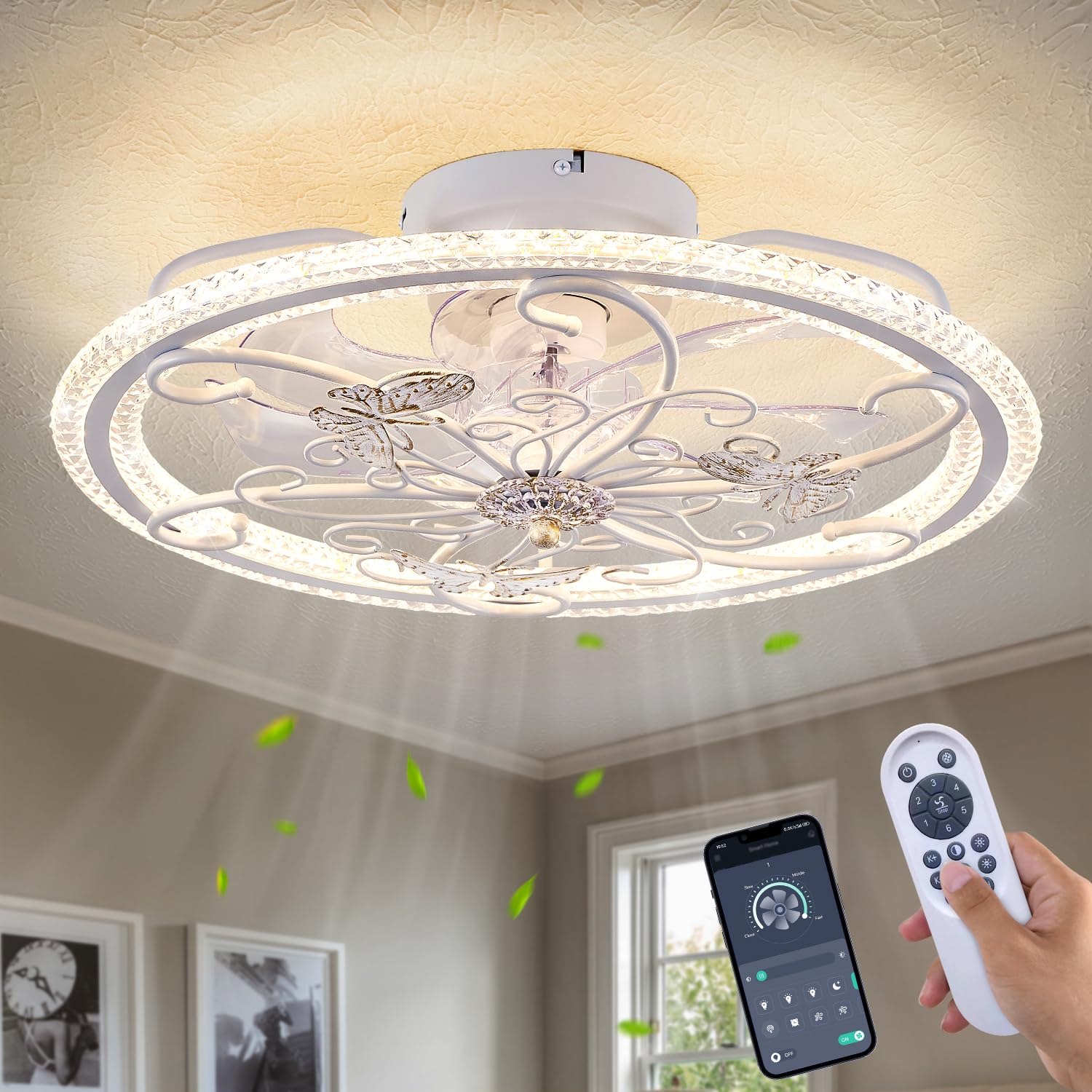 Caged Ceiling Fan with Lights Remote Control, 6 Speeds 3 Color Farmhouse Industrial Ceiling Fan with Light for Kitchen Bedroom Living Room