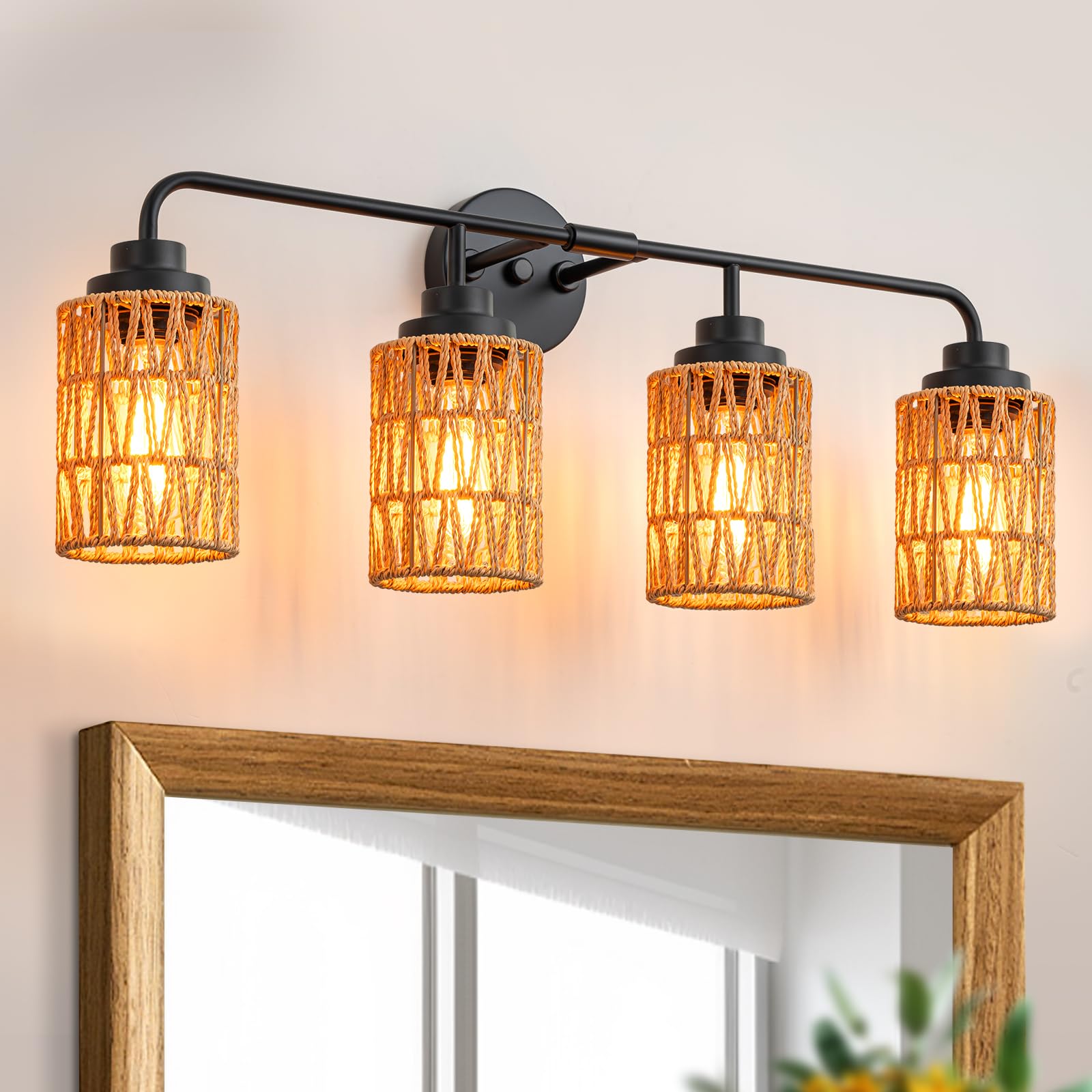 Boho Bathroom Light Fixtures, Rustic 2-Light Vanity Lights Over Mirror, Farmhouse Rattan Vanity Lighting with Hand-Woven Shades for Bedroom Bathroom Hallway Restroom
