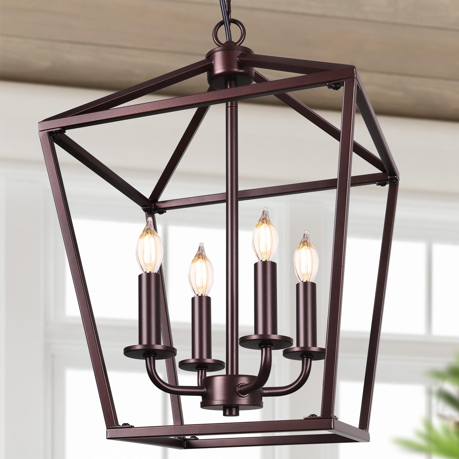 BrightHome Farmhouse Chandelier 4-Light, Black Pendant Light Fixture for Kitchen Island Dining Room, Lantern Industrial Lighting Ceiling Hanging with Metal Cage Adjustable Height for Entryway Foyer