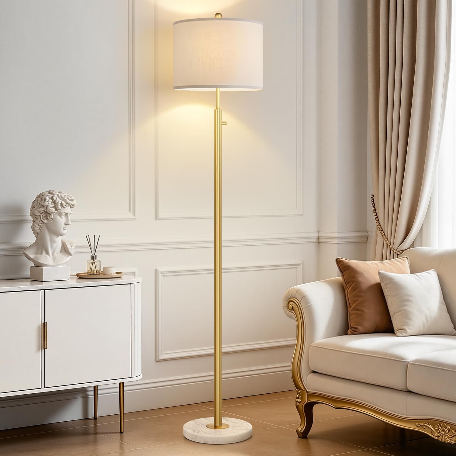 Nintiue 【Upgraded】 Dimmable Floor Lamp for Living Room, 11W LED Bulb Included, Modern Standing Lamp, Tall Pole Light with Linen Shade for Bedroom Reading Office Corner Nursery-Gold