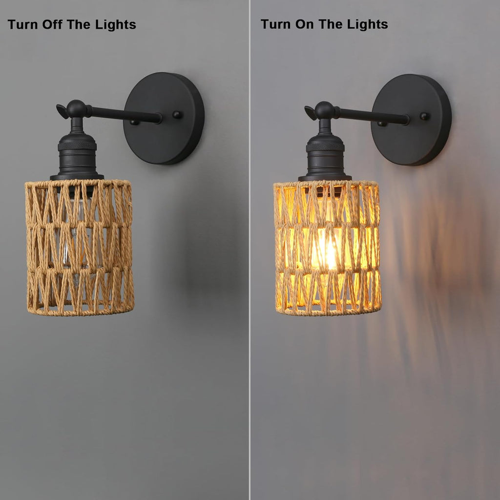 Yosoan Rattan Boho Wrapped Wall Sconce Light, Indoor Hardwired Hand-Woven Farmhouse Vintage Wall Lamps, Brass Handmade Braided Rope Small Straight Shade Wall Mount Fixture for Reading Hallway(Black)