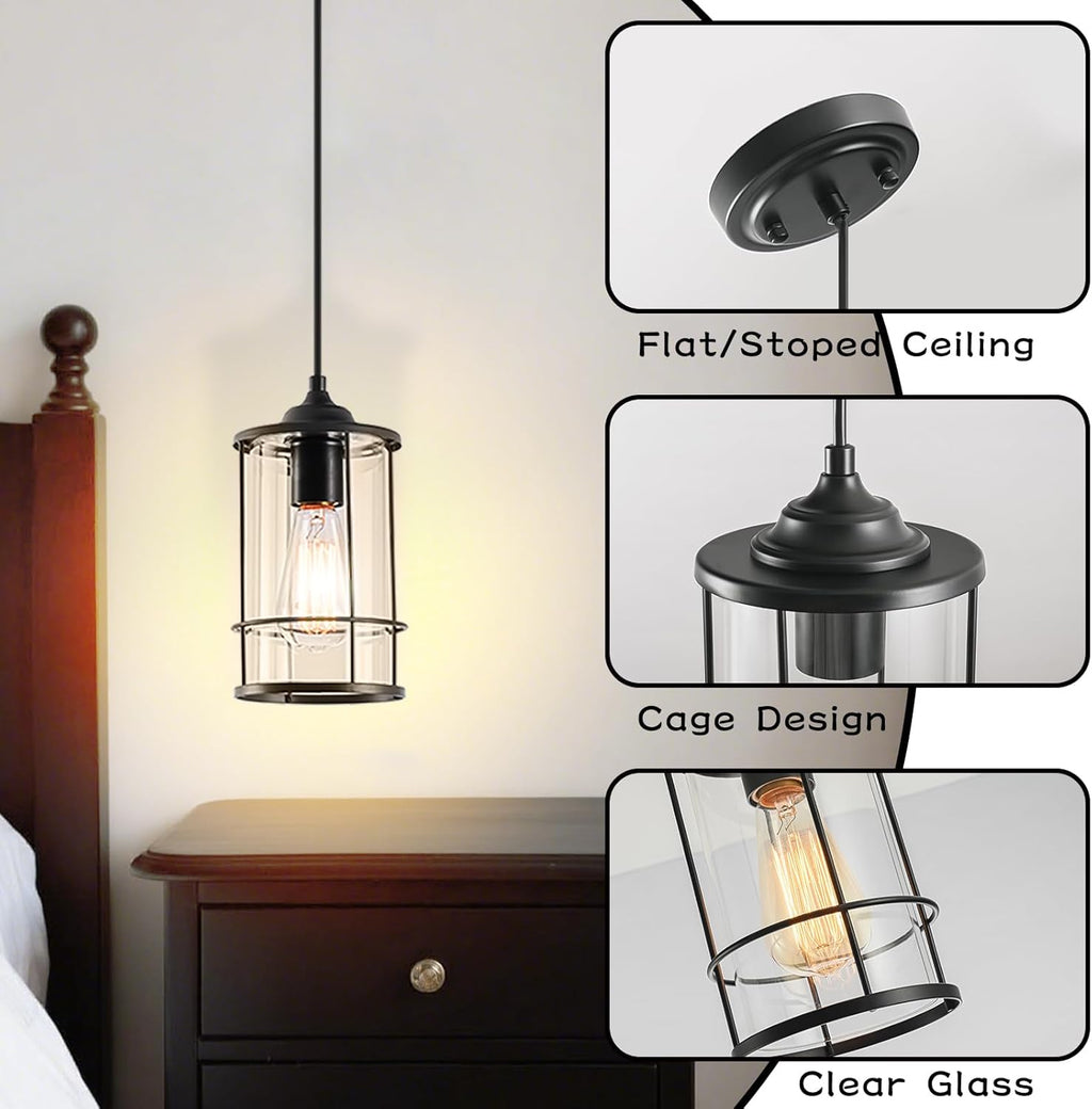 AKEZON Pendant Lights, Black Hanging Light Fixtures Kitchen Island 2 Pack with Clear Glass, Modern Industrial Cage Pendant Lighting for Kitchen Dining Room Entryway Bathroom