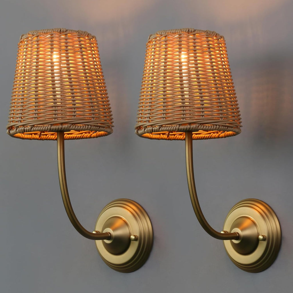 Yosoan Set of 2 Rattan Boho Wrapped Wall Sconce Light, Indoor Hardwired Gold Hand-Woven Farmhouse Vintage Wall Lamps, Brass Handmade Shade Wall Mount Fixture for Reading Bedside Bedroom(Antique)