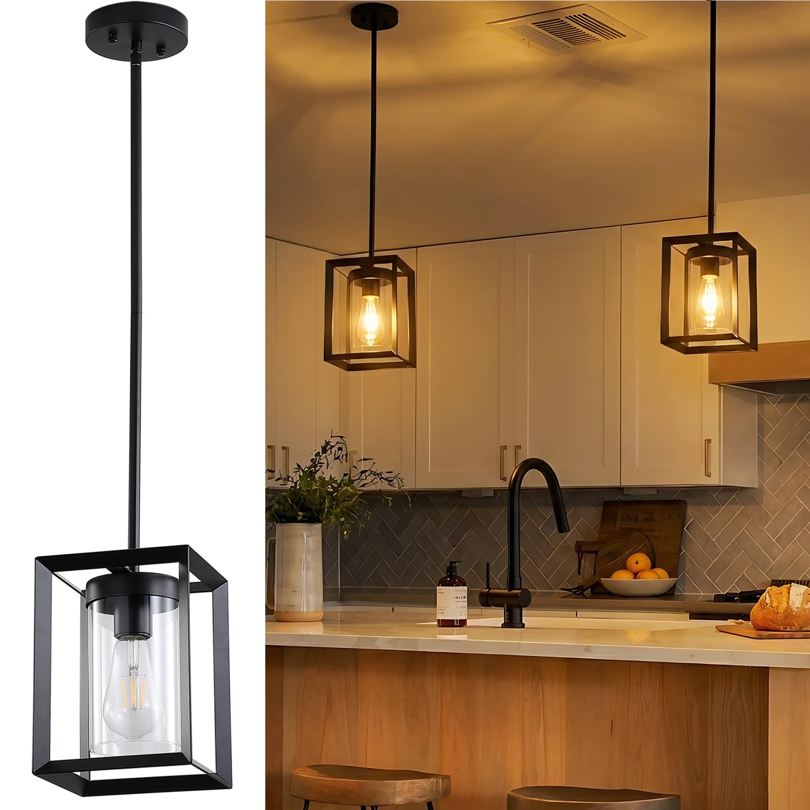 2 Pack Farmhouse Black Kitchen Island Pendant Light Fixtures,Height Adjustable Metal Rod Hanging Modern Pendant Lighting with Metal Cage and Clear Glass Shade for Entryway Bedroom