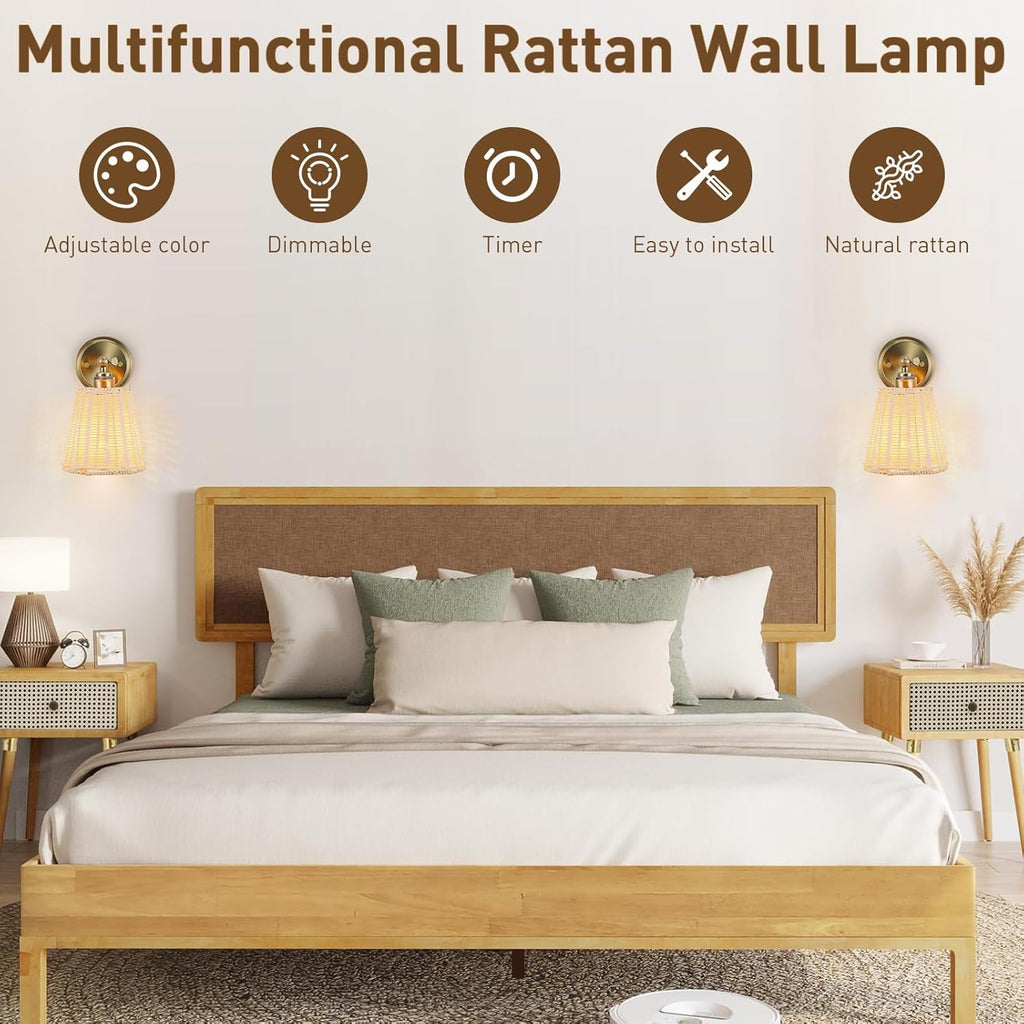 Rattan Battery Operated Wall Sconce Set of Two, Hand-Woven Wicker Lampshade, Rechargeable Wall Lights for Bedroom with Remote, Dimmable Bulb Plug-in or Hardwire Wall Sconces for Hallway Living Room