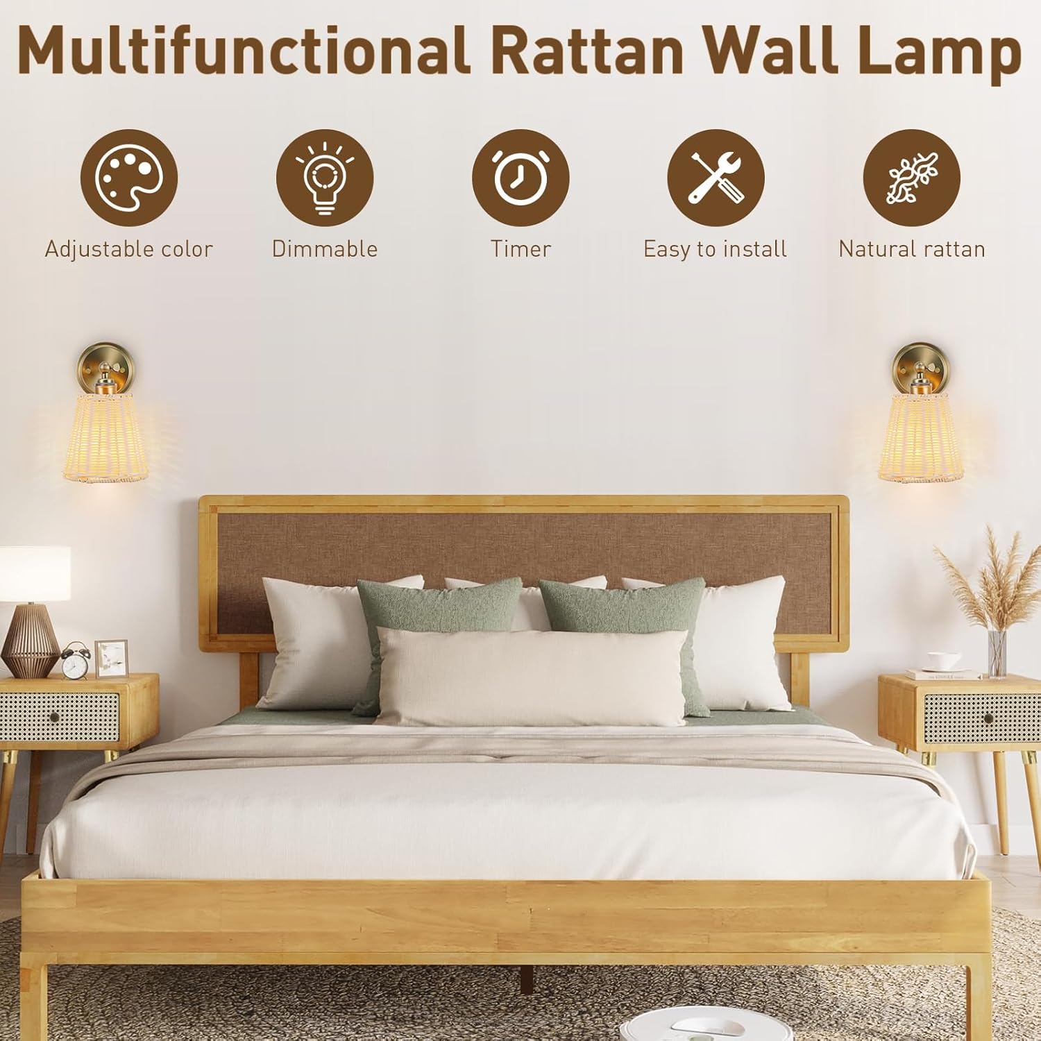 Rattan Battery Operated Wall Sconce Set of Two, Hand-Woven Wicker Lampshade, Rechargeable Wall Lights for Bedroom with Remote, Dimmable Bulb Plug-in or Hardwire Wall Sconces for Hallway Living Room