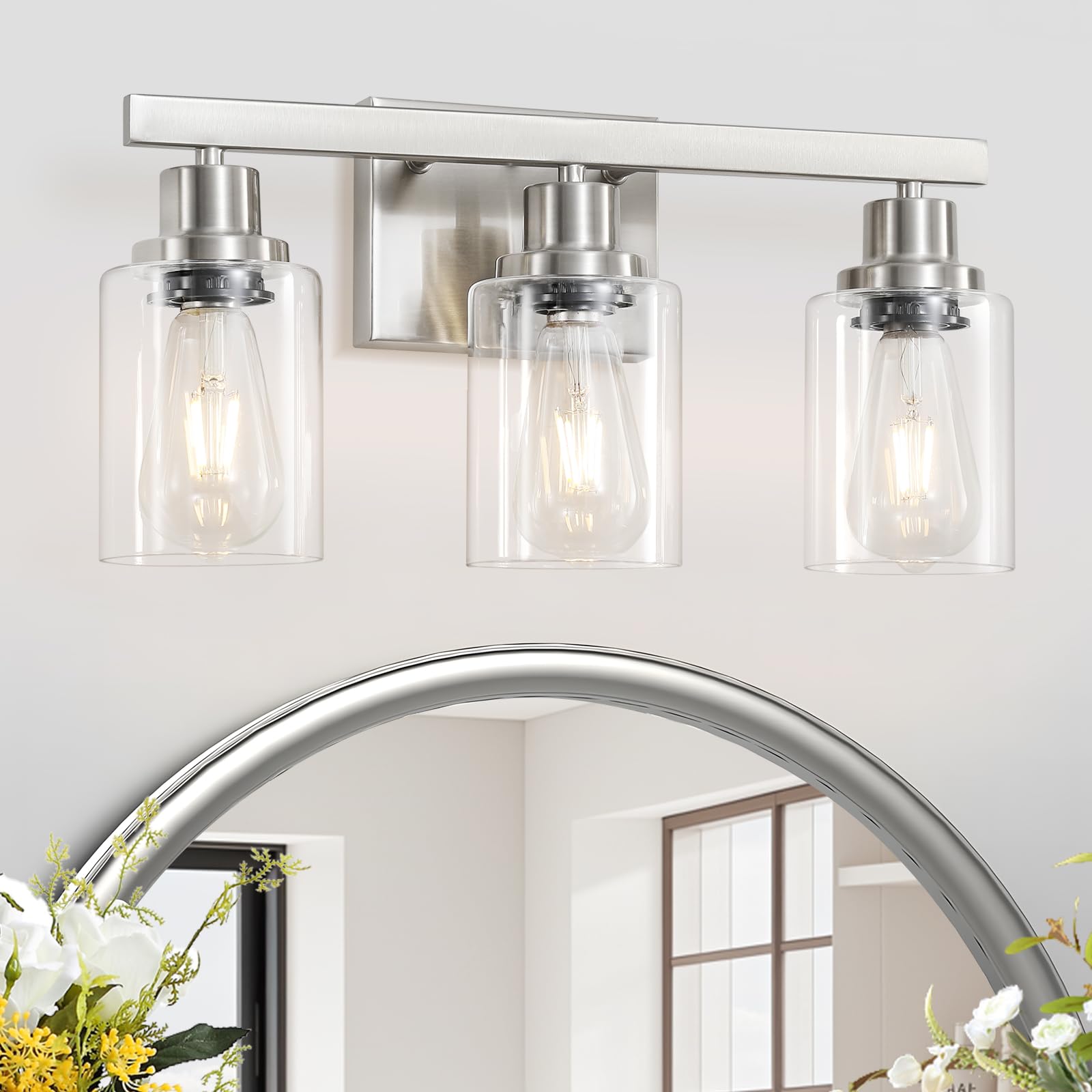 4-Light Bathroom Vanity Light, Modern Matte Black Wall Sconce Lighting with Clear Glass Shade, Bathroom Lighting Fixtures Over Mirror,Vintage Wall Mounted Lamps for Mirror Bedroom,Living Room