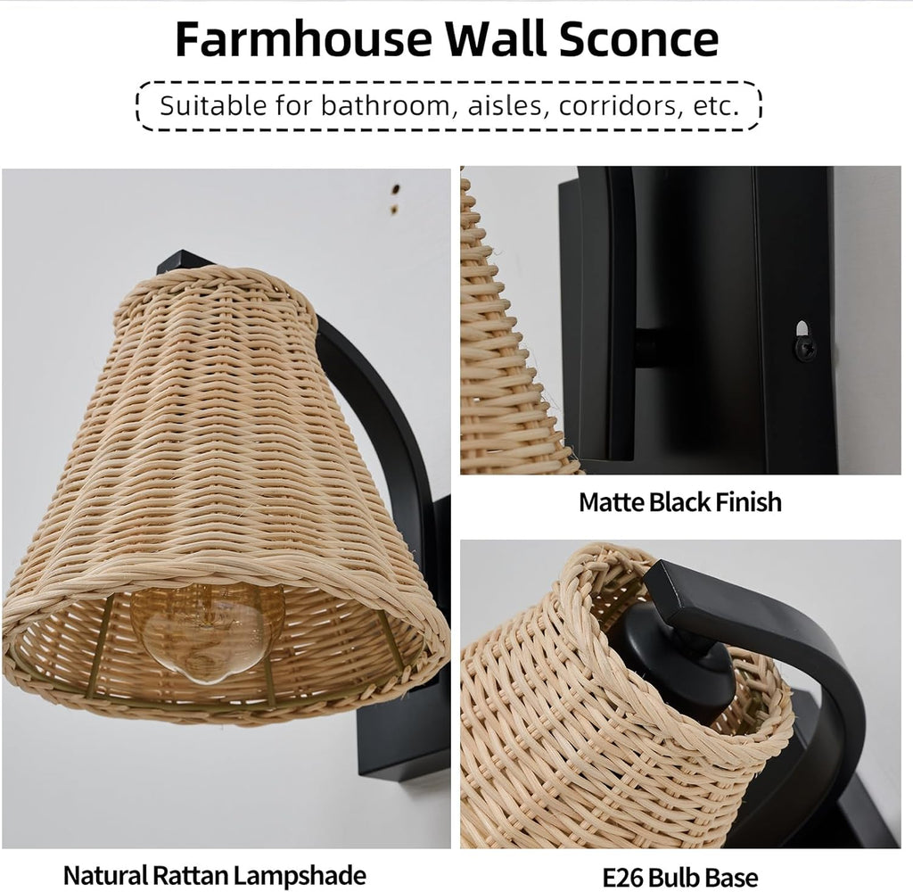Boho Rattan Wall Sconce Set of Two, Wrapped Wall Light Fixtures with Hand Woven Wicker Lamp Shade, Farmhouse Rustic Indoor Wall Mount Lighting Fixture for Bedroom Bedside Living Room Hallway Bathroom