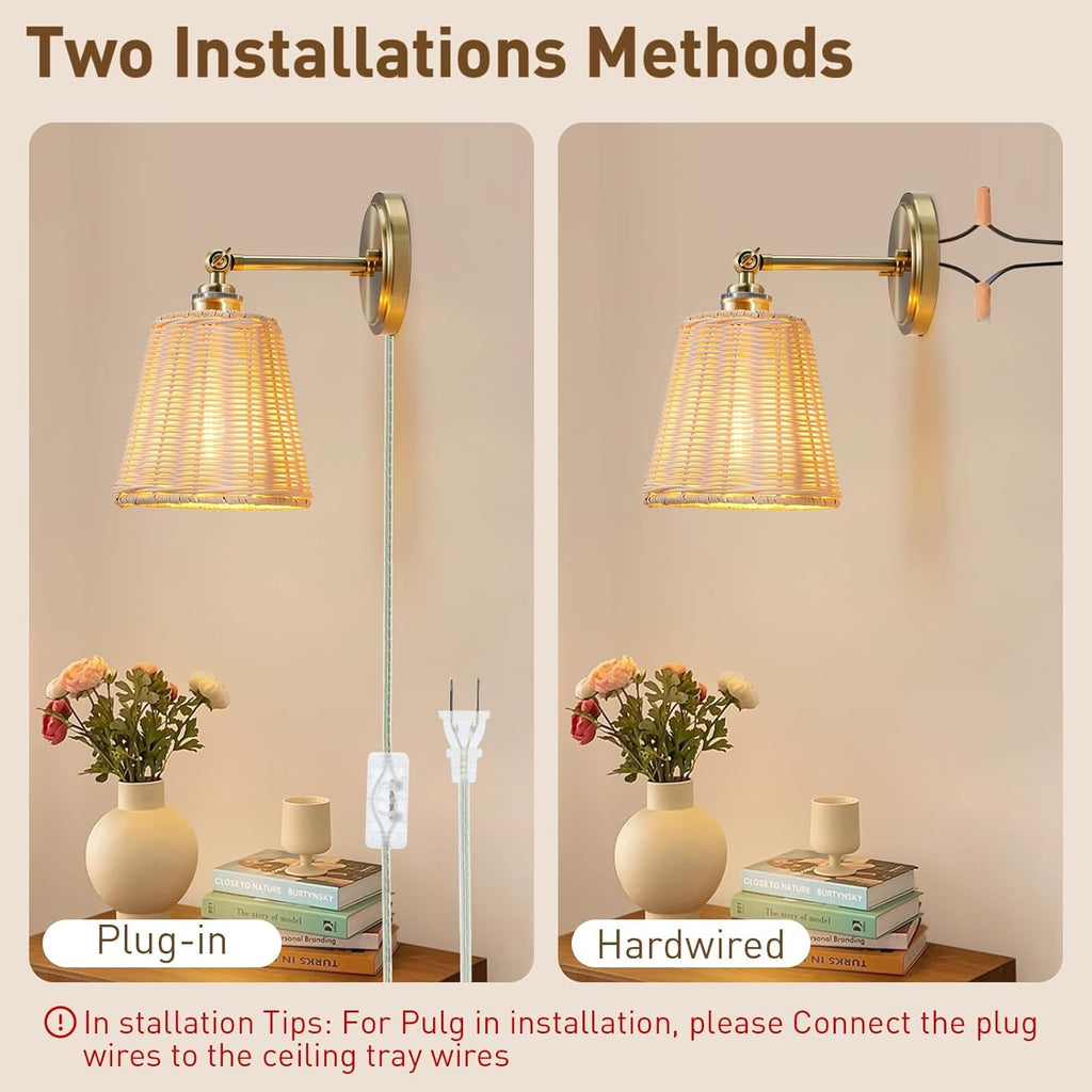 Plug in Wall Sconces, Handwoven Rattan Boho Wall Lamp with Adjustable 180° Lamp Head, E26 Ceramic Base, Perfect for Entryway, Hallway, Stairway, Bedroom, Living Room