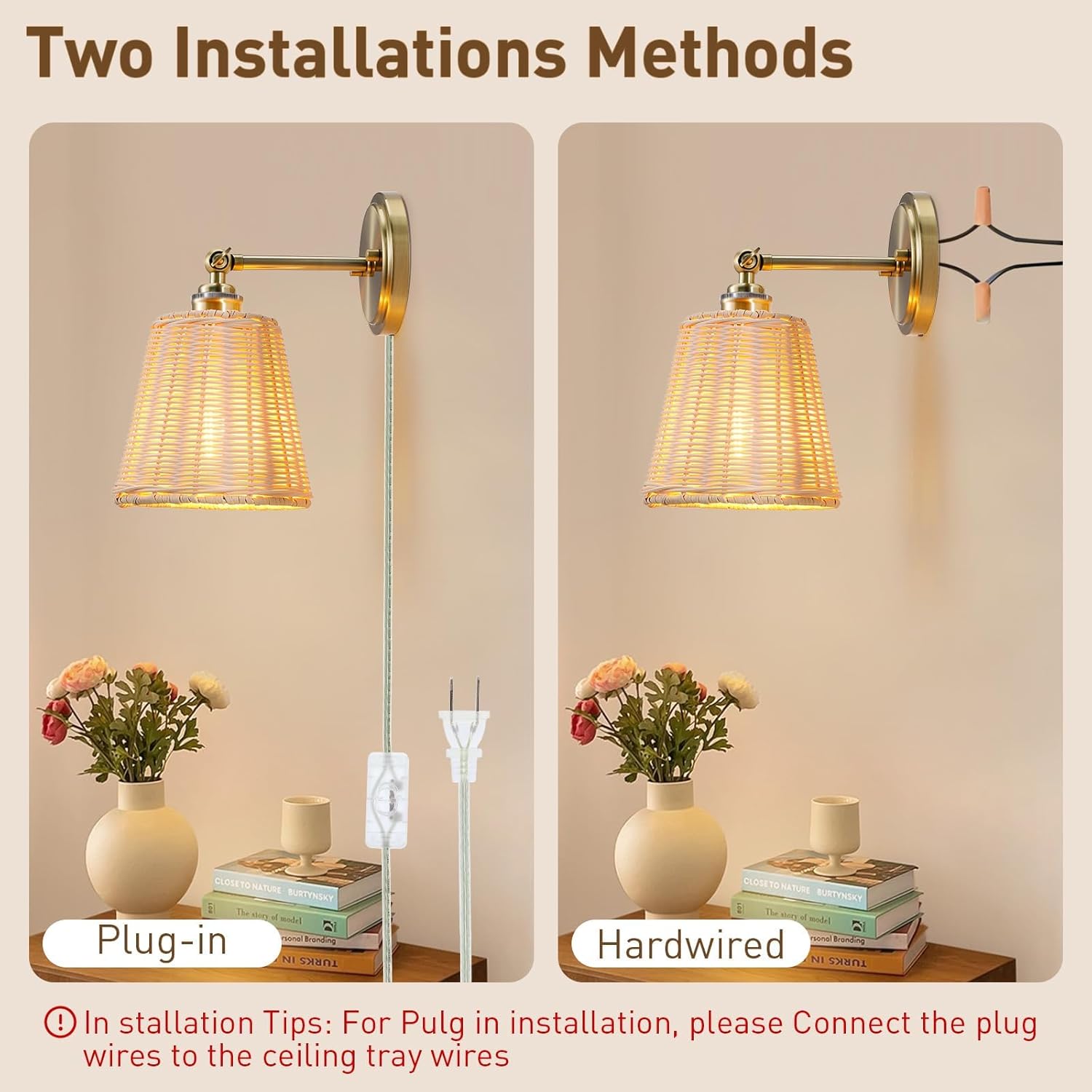 Plug in Wall Sconces, Handwoven Rattan Boho Wall Lamp with Adjustable 180° Lamp Head, E26 Ceramic Base, Perfect for Entryway, Hallway, Stairway, Bedroom, Living Room