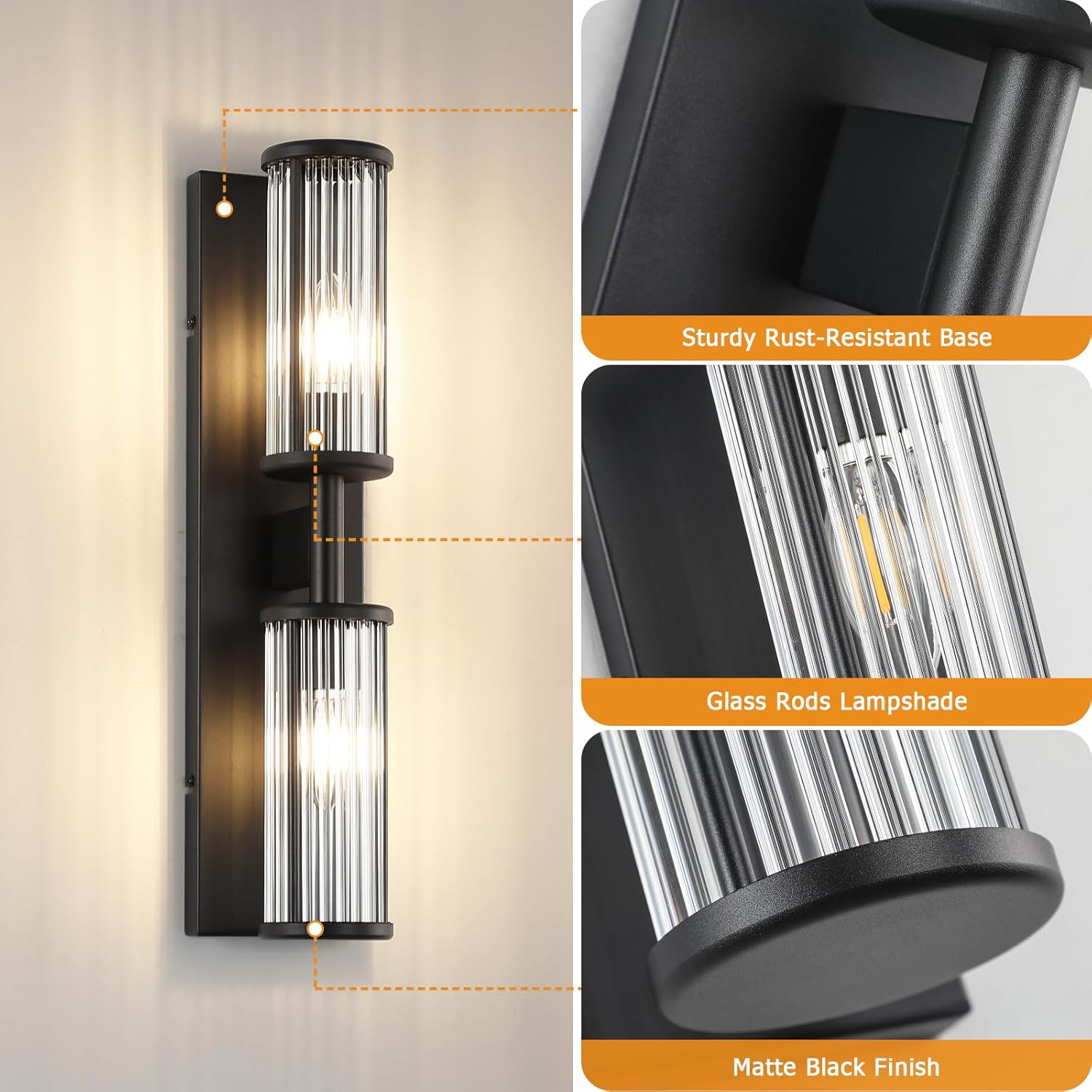 2-Light Modern Vanity Wall Lamp in Matte Black, Industrial Bathroom Lighting with Glass Rod Shades, Adjustable Modern Mirror Lights for Bedroom & Bathroom, Wall Sconce for Makeup Vanity