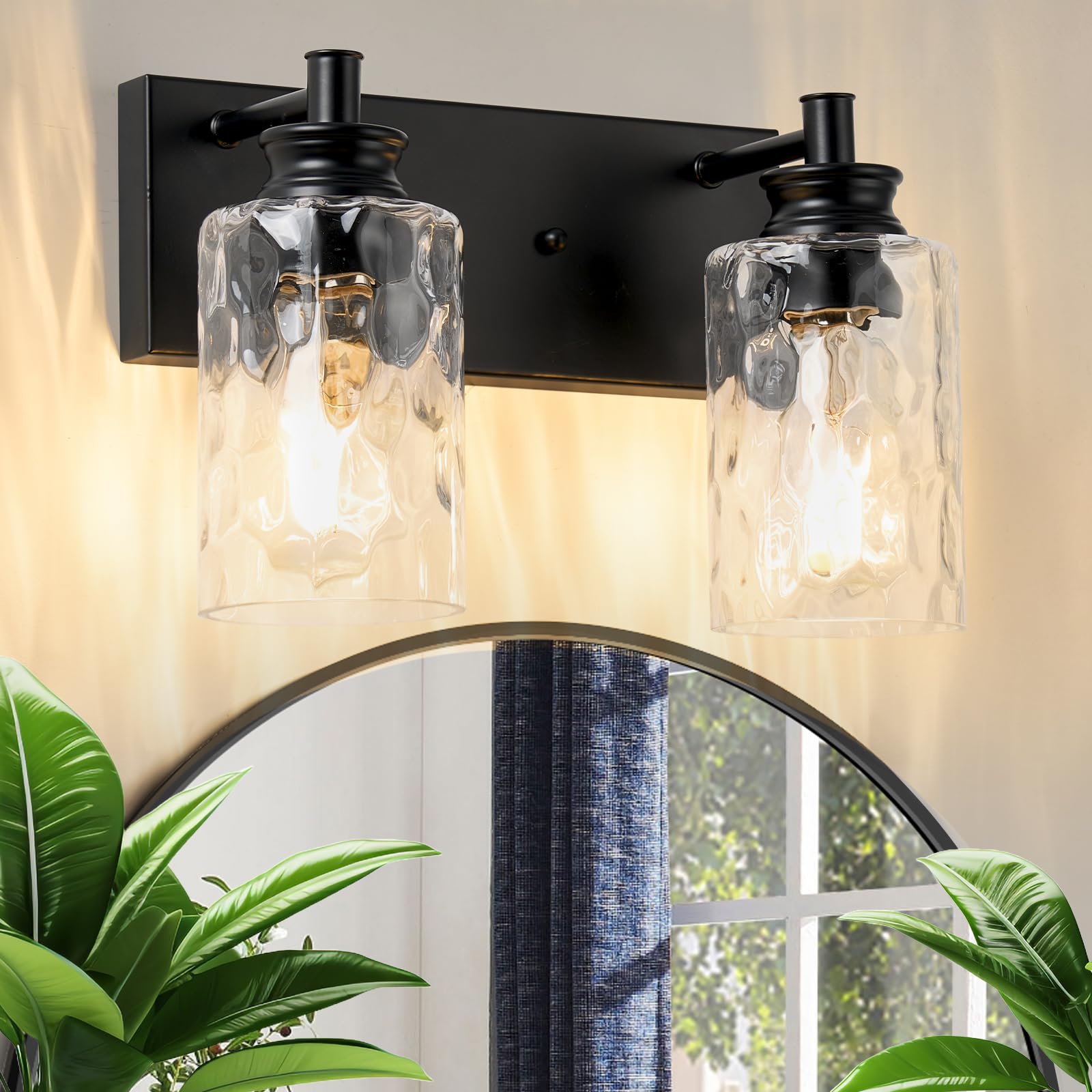 3-Light Black Vanity Light, Modern Bathroom Fixture with Hammered Glass Shades