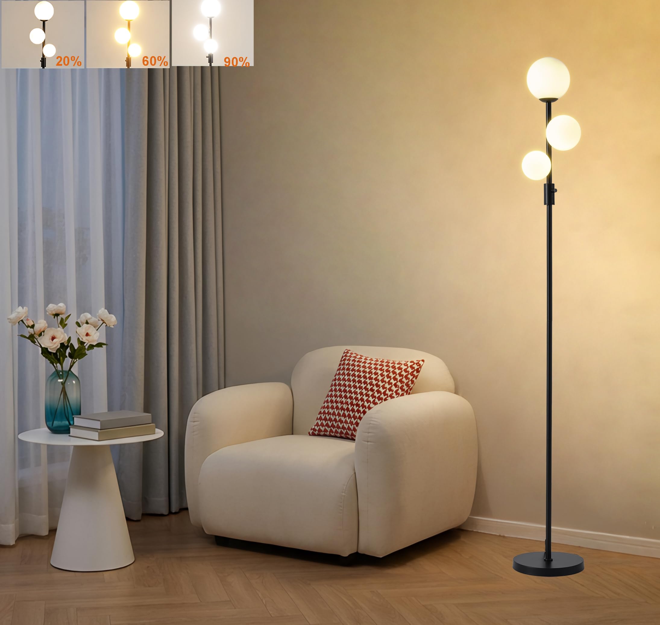 Fiqevs Mid Century Modern 3 Globe Tree Floor Lamp - Dimmable LED Standing Lamp with Bulbs, Warm Light for Living Room Bedroom Office - Antique Brass/Gold