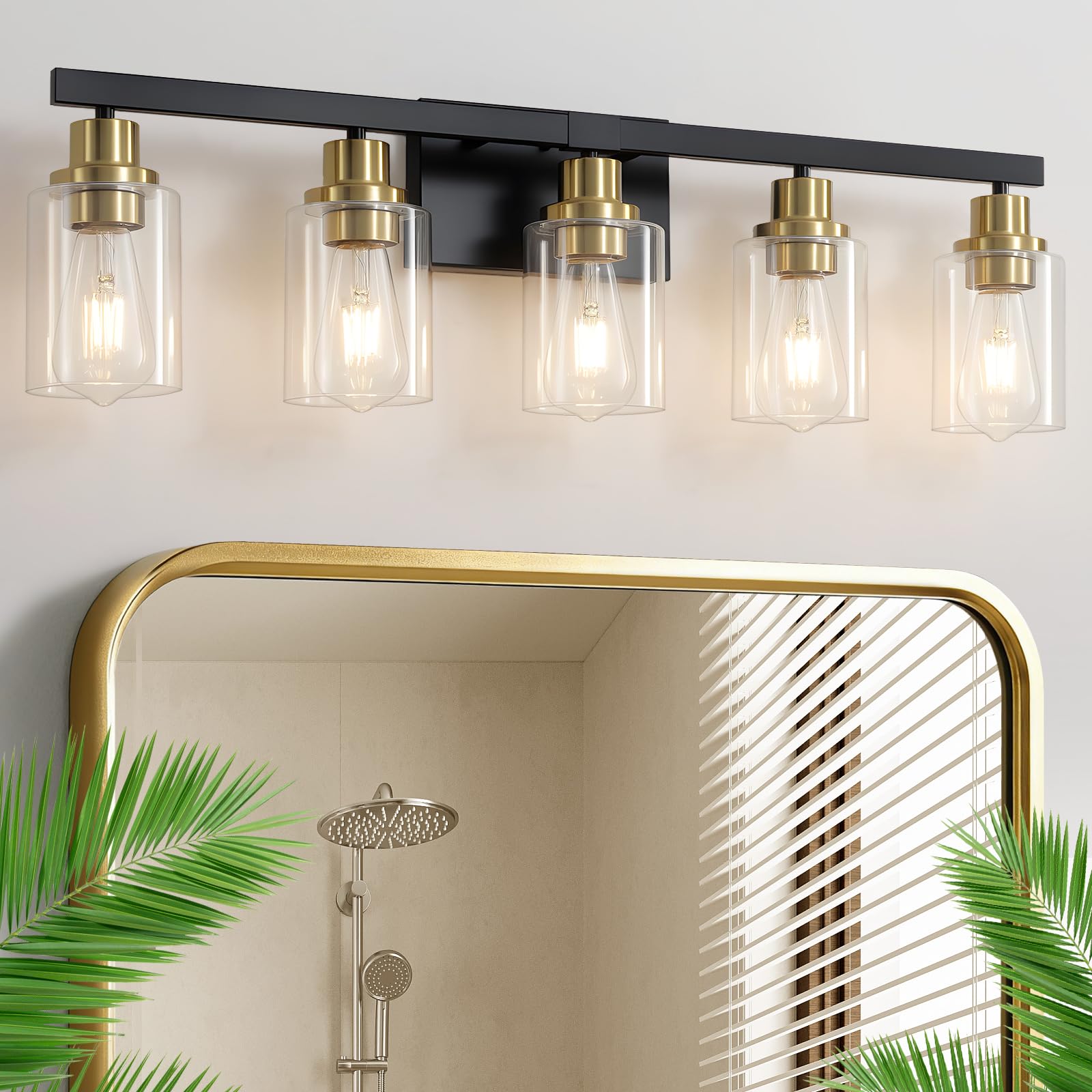4-Light Bathroom Vanity Light, Modern Matte Black Wall Sconce Lighting with Clear Glass Shade, Bathroom Lighting Fixtures Over Mirror,Vintage Wall Mounted Lamps for Mirror Bedroom,Living Room