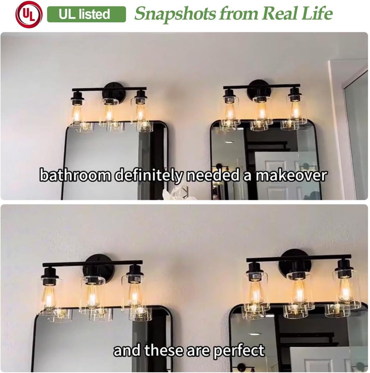 Zarbitta 3-Light Bathroom Light Fixtures, 17.23" Black Modern Vanity Lights with Clear Glass Shade, Bathroom Wall Lamp for Mirror Kitchen Living Room Hallway Cabinet Porch