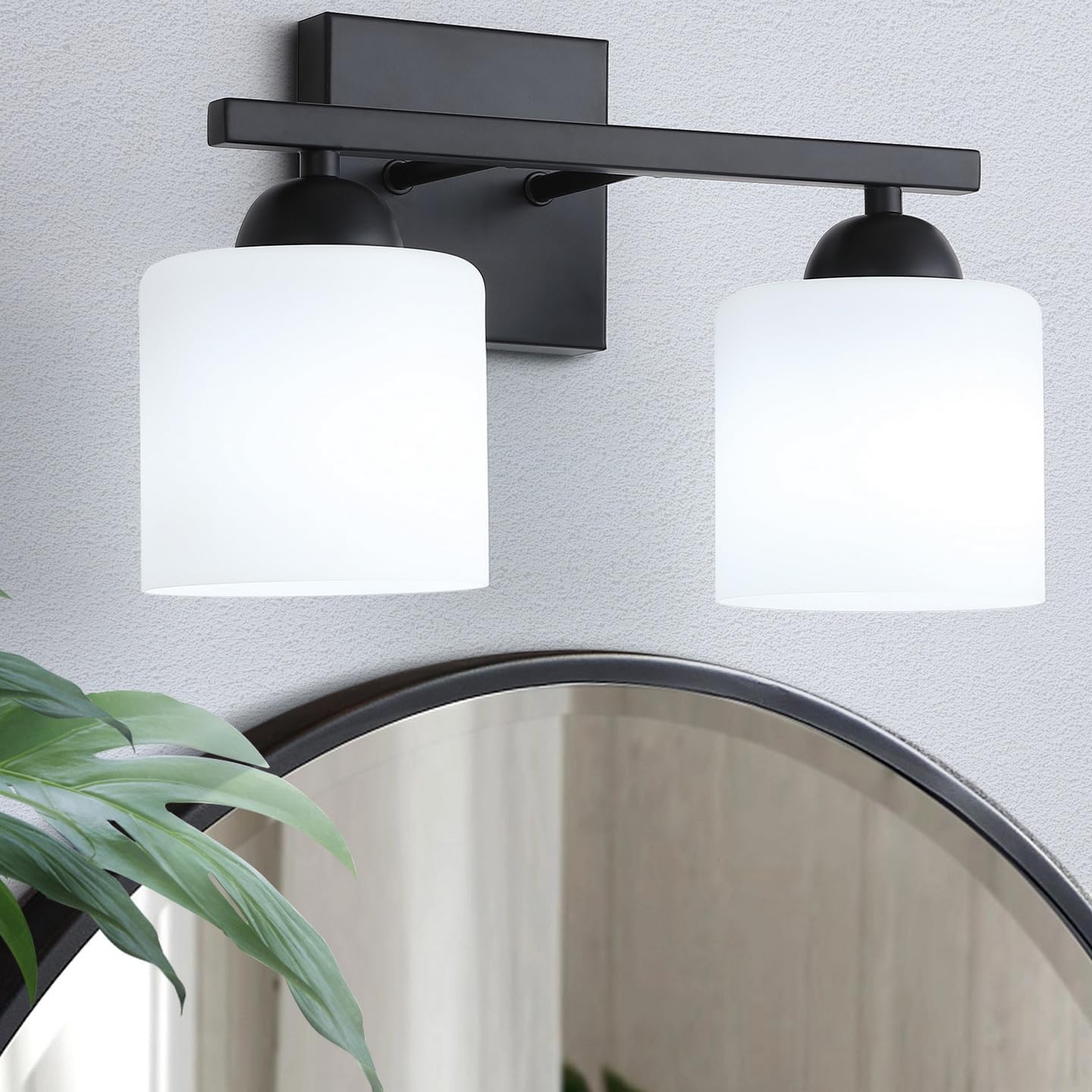 Matte Black 2-Light Bathroom Vanity Light, Glass Shade Wall Sconce