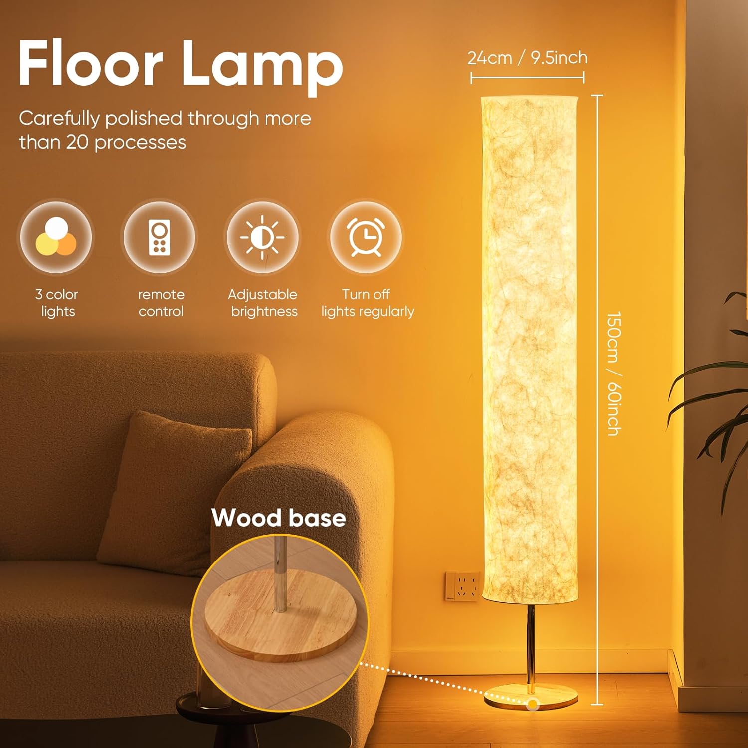 LONRISWAY 58" Soft Light Floor Lamp 3 Color Lighting Remote Control LED lamp with Tyvek Fabric Shade Column Paper Floor lamp,Brightness Adjustable for Living Room Bedroom Game Room