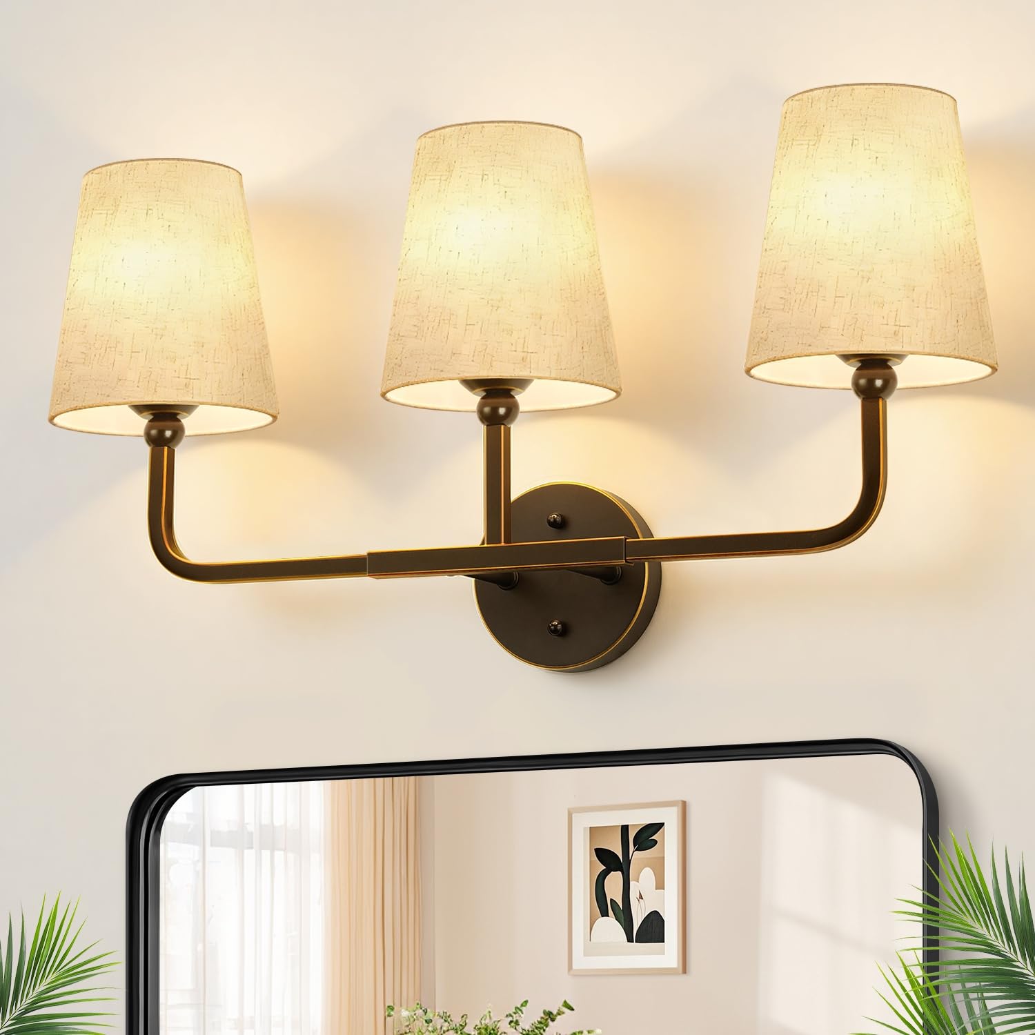 MOKATNG Bathroom Light Fixtures, 3-Light Brushed Gold Vanity Lights, Bathroom Lighting Fixtures Over Mirror with Flared White Fabric Shade, Modern Wall Sconces for Living Room Hallway