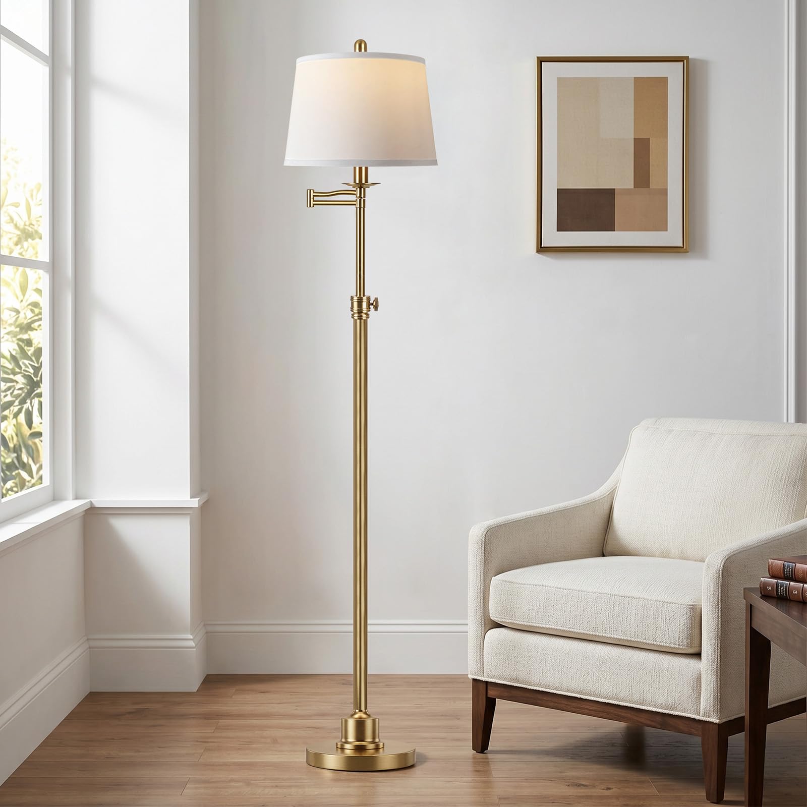 Vintage Floor Lamp for living room, Walnut Gold Farmhouse Standing Lamp with 350° Swivel Swing Arm, 56.6''-66'' Mid Century Modern Height Adjustable Tall Lamp for Bedroom Office(LED Bulb Included)