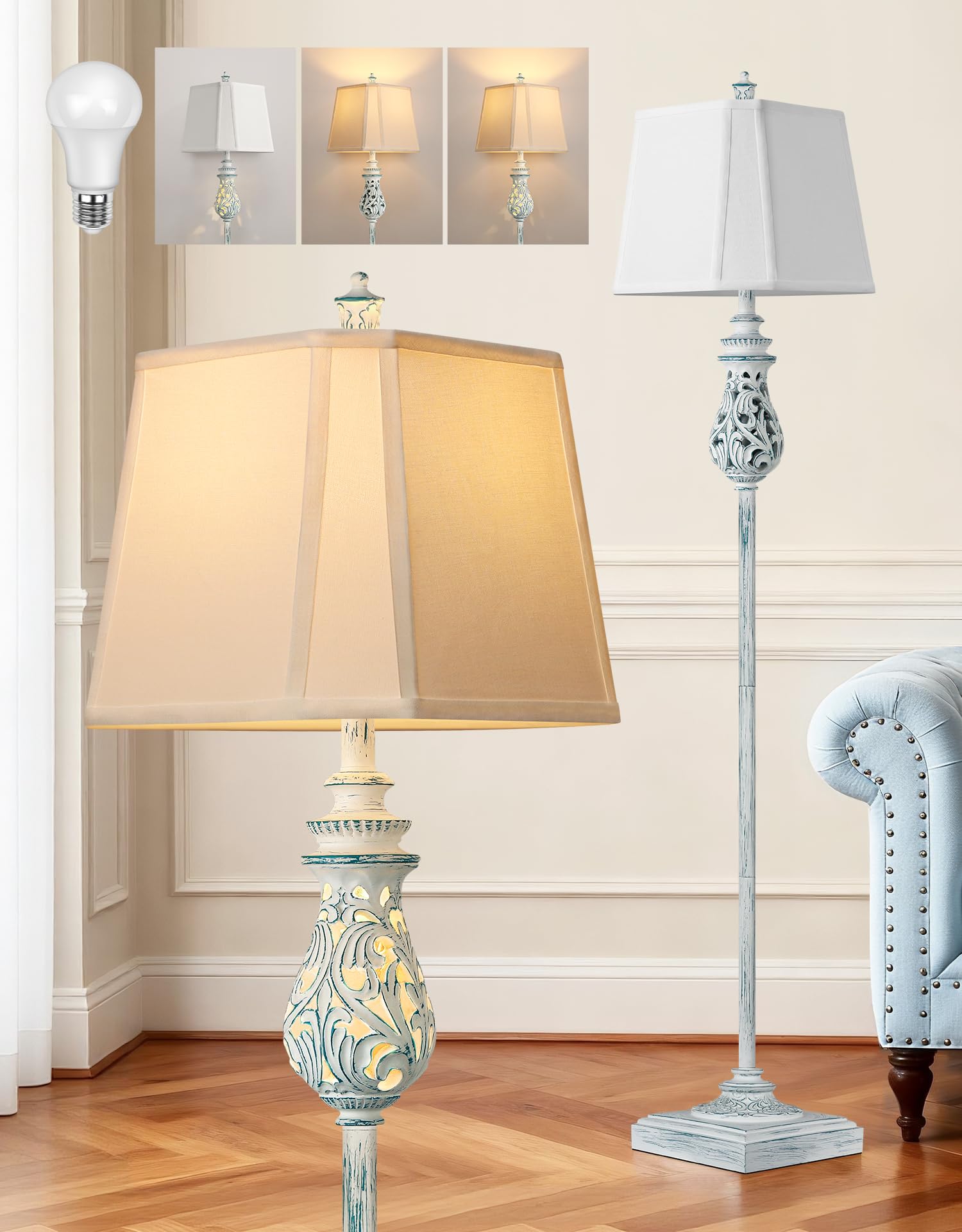 64" Farmhouse Floor Lamp, Vintage Standing Lamp with Nightlight & Linen Shade