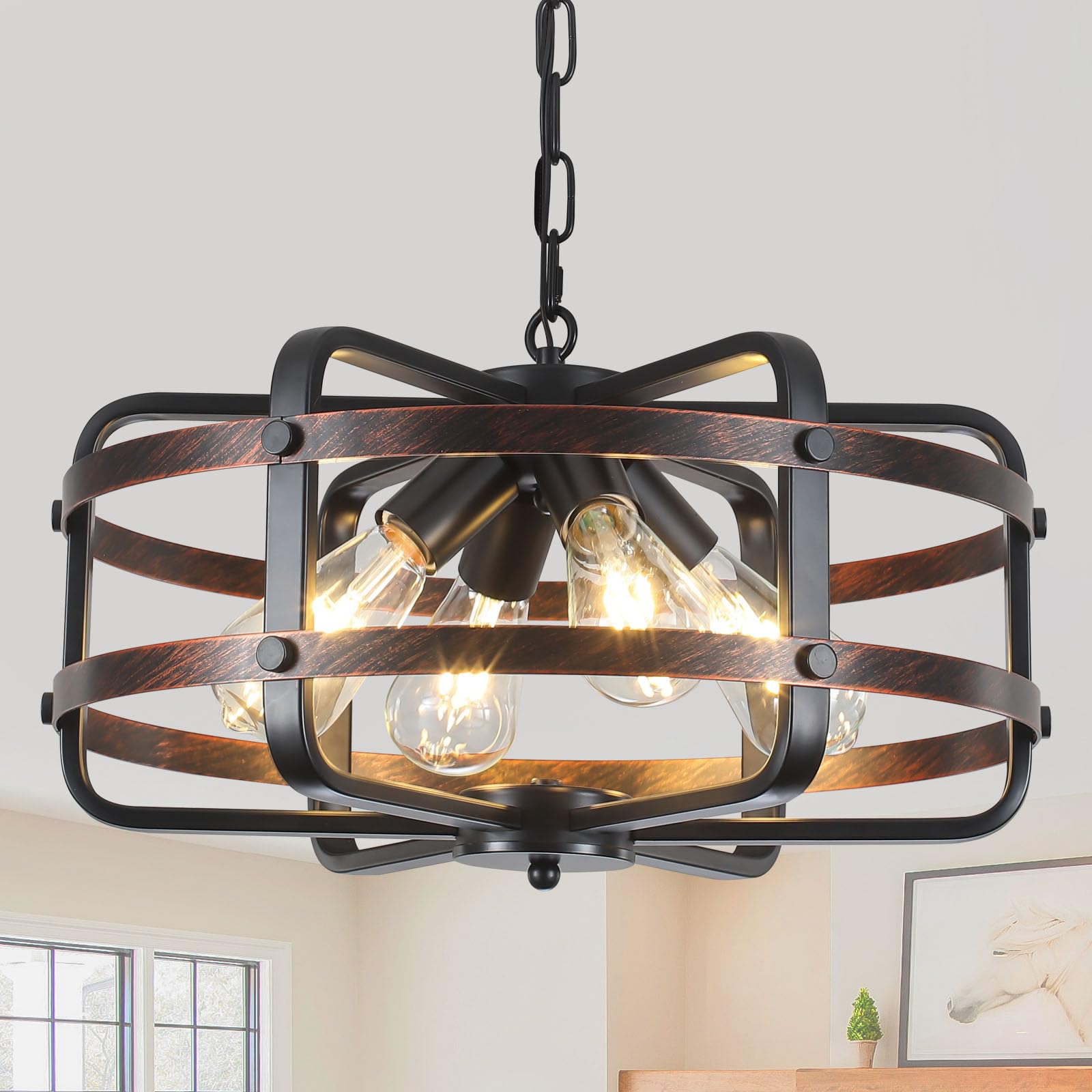 17.71" 4-Light Black Cage Chandelier, Modern Farmhouse Industrial Pendant Light for Dining Kitchen
