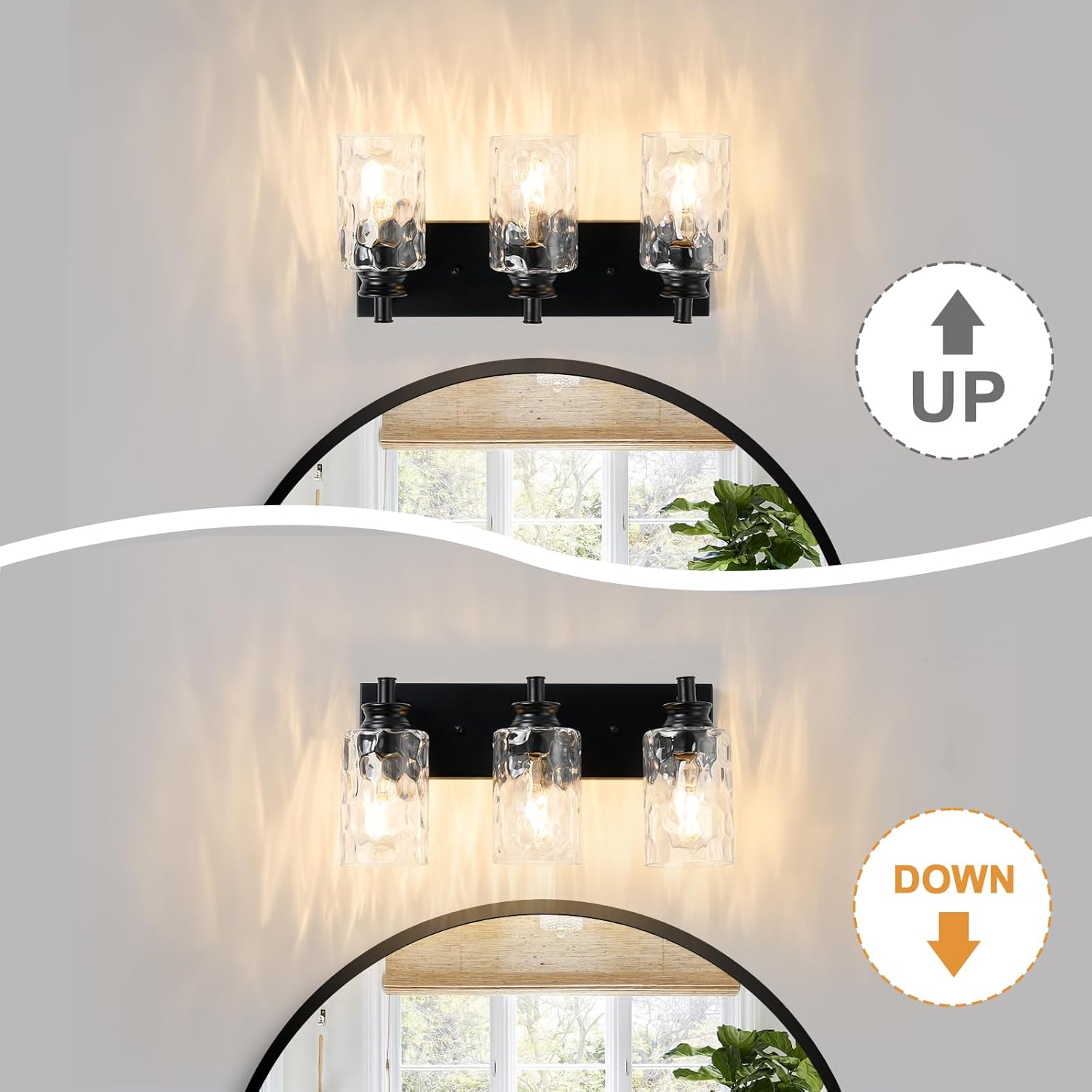 3-Light Black Vanity Light, Modern Bathroom Fixture with Hammered Glass Shades