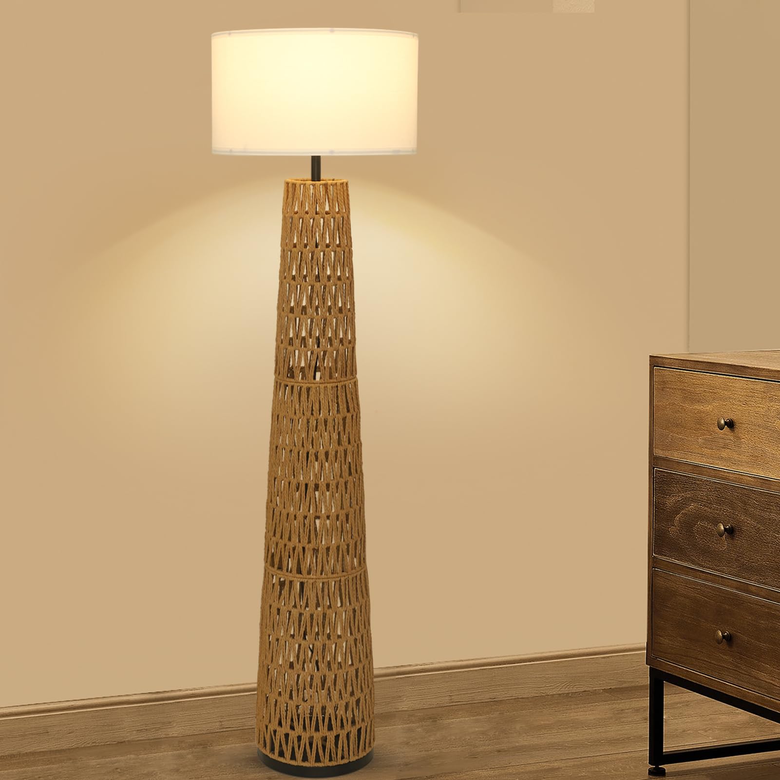 Vintage Floor Lamps for Living Room, Farmhouse Floor Lamp with Linen Shade, Boho Standing Lamp for Home Decor, Rustic Tall Lamp for Bedroom Office, Display Column Corner Lamp