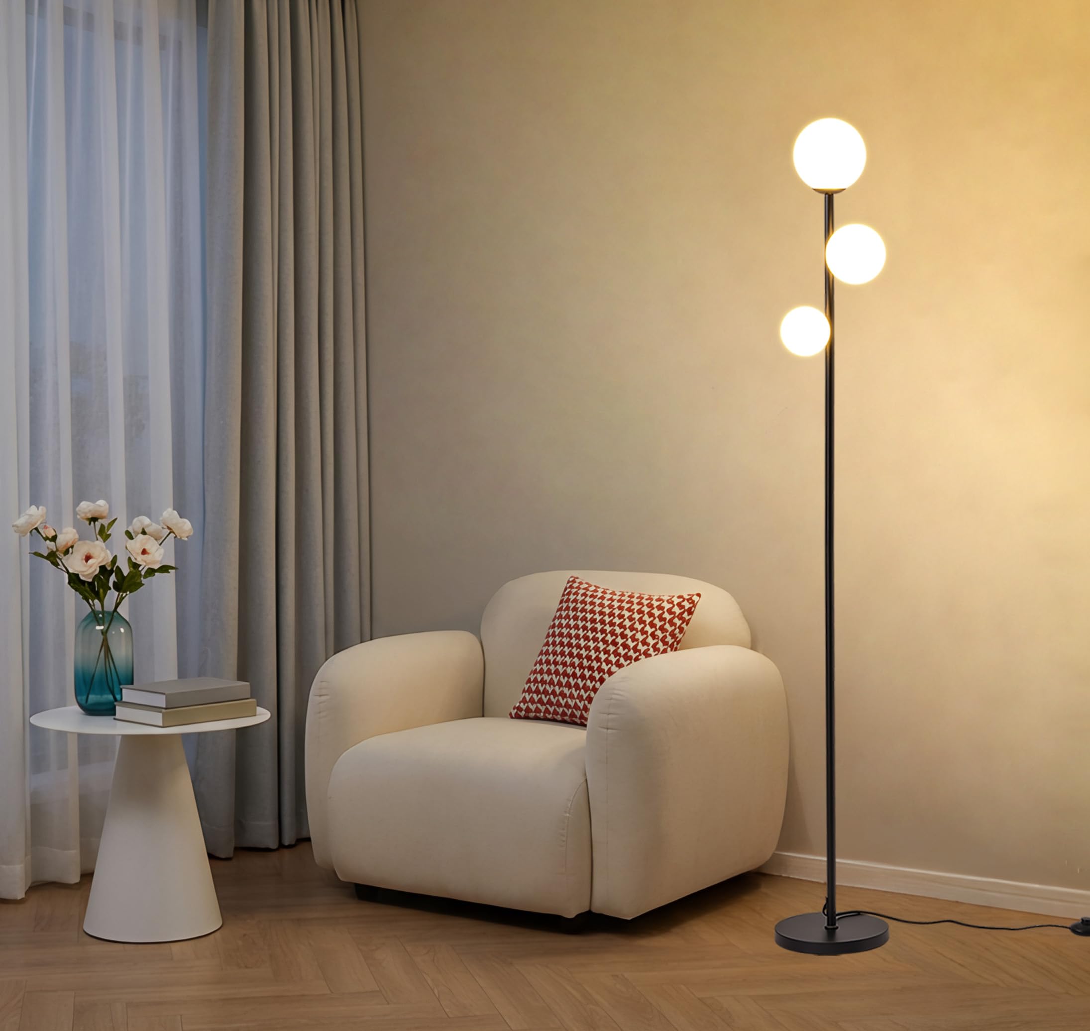 Fiqevs Mid Century Modern 3 Globe Tree Floor Lamp - Dimmable LED Standing Lamp with Bulbs, Warm Light for Living Room Bedroom Office - Antique Brass/Gold
