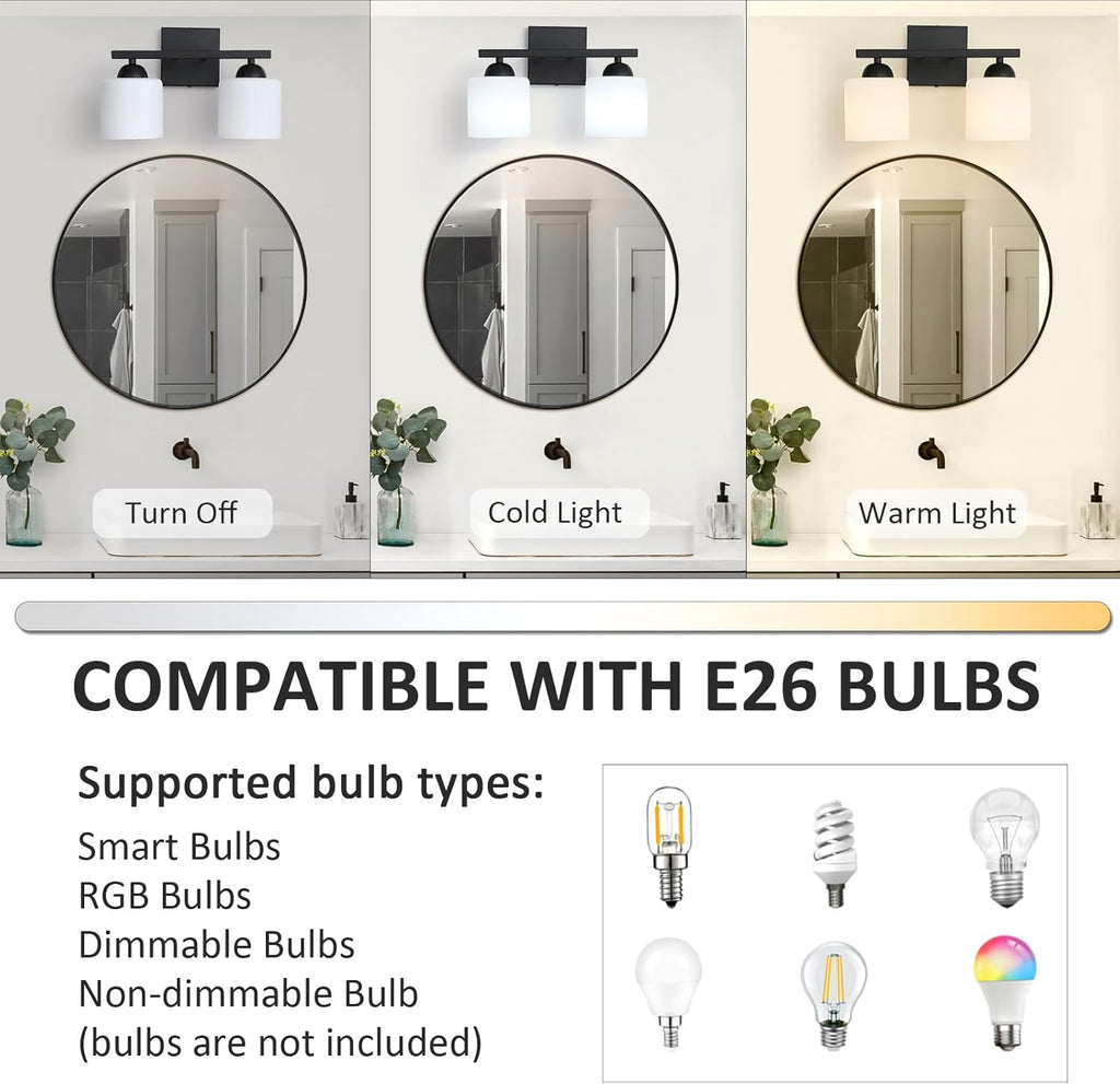 Matte Black 2-Light Bathroom Vanity Light, Glass Shade Wall Sconce