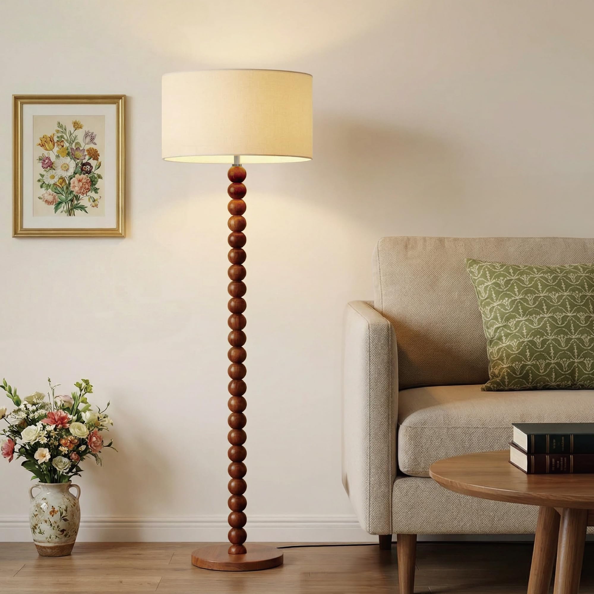 Buruis 61" Beaded Wood Floor Lamp with 17.2" Large Linen Shade, Retro Mid-Century Accent Walnut Finish Standing Lamp for Living Room, Bedroom, Office, Corner, UL Listed, Bulb Not Included, Green